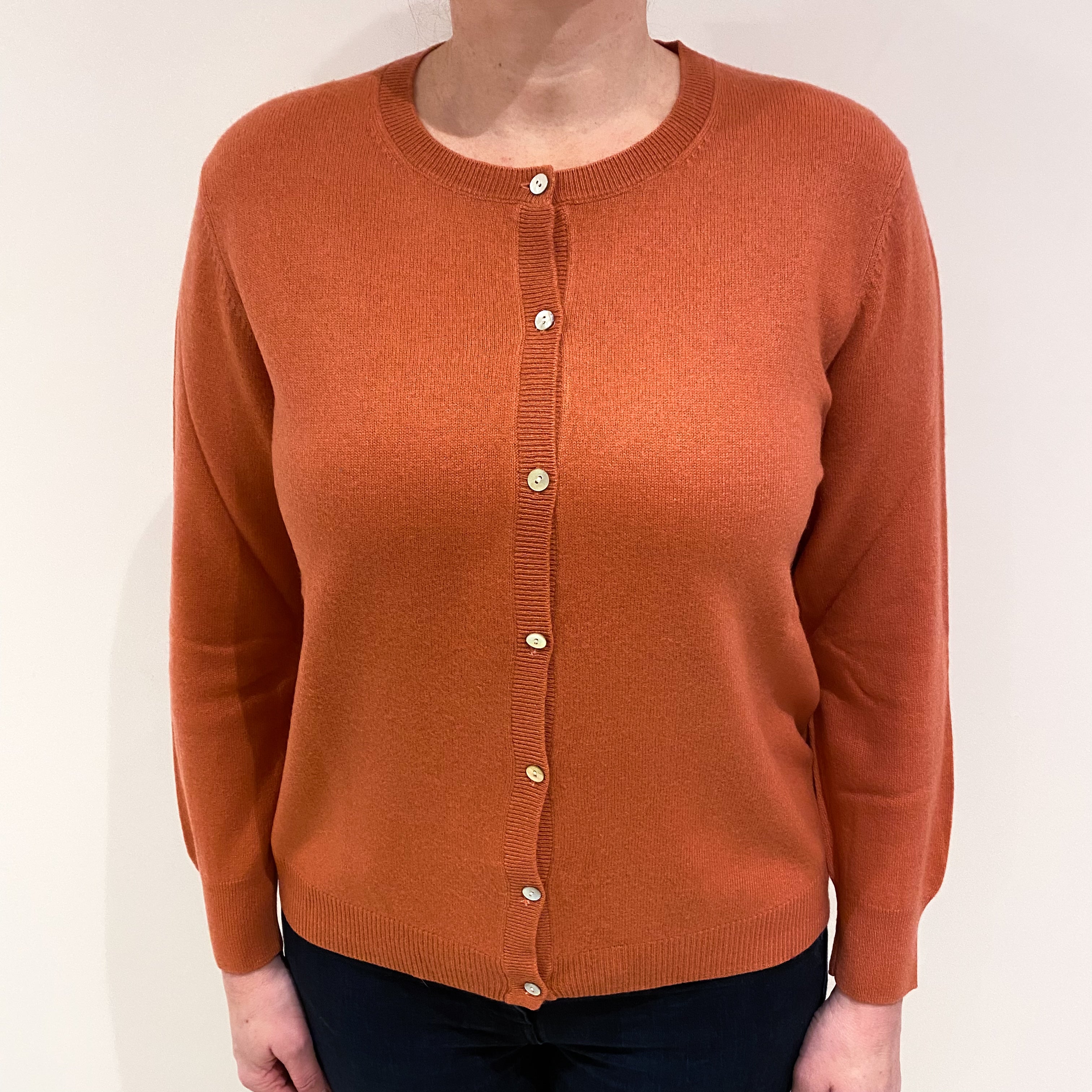 Terracotta Orange Cashmere Crew Neck Cardigan Large