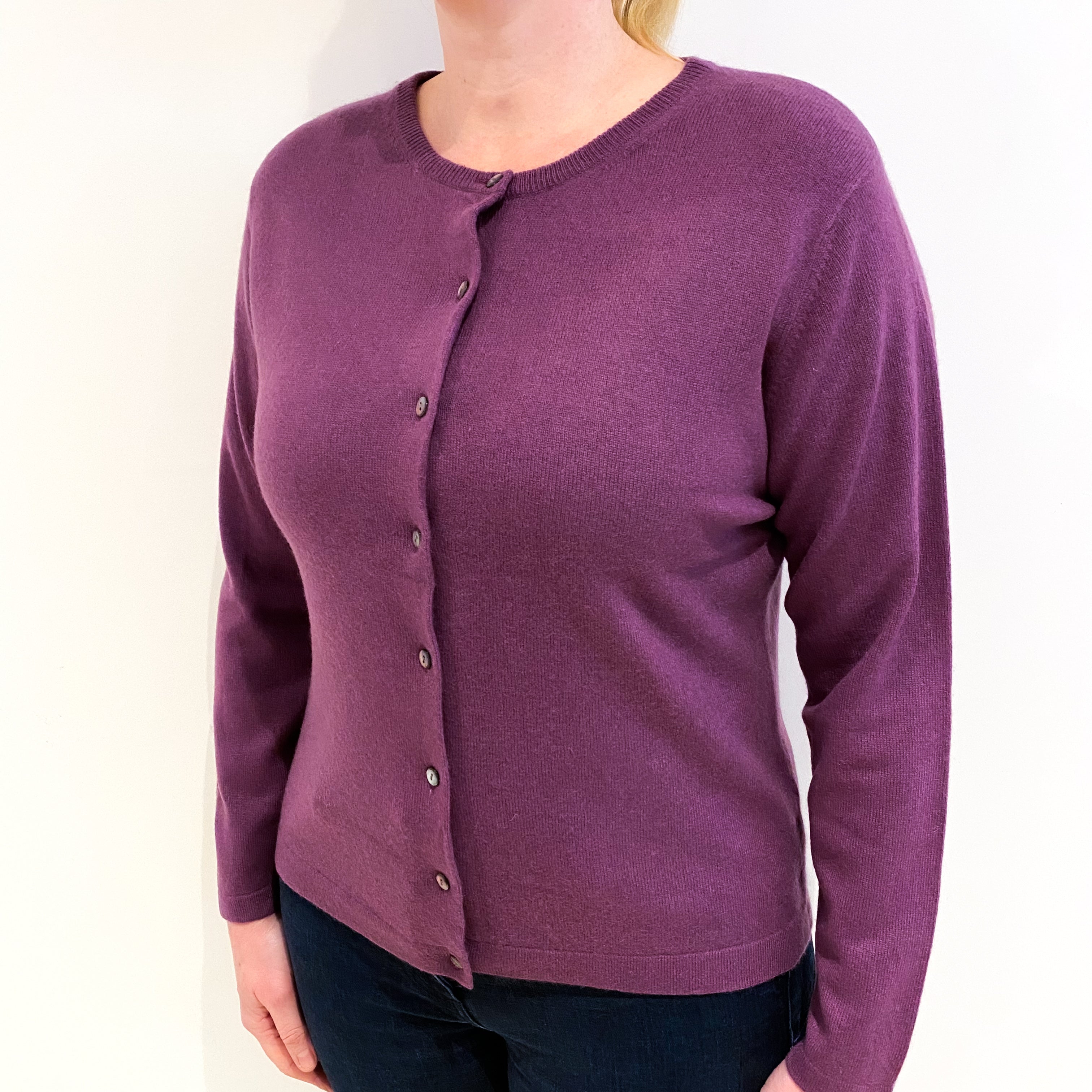 Plum Purple Cashmere Crew Neck Cardigan Large