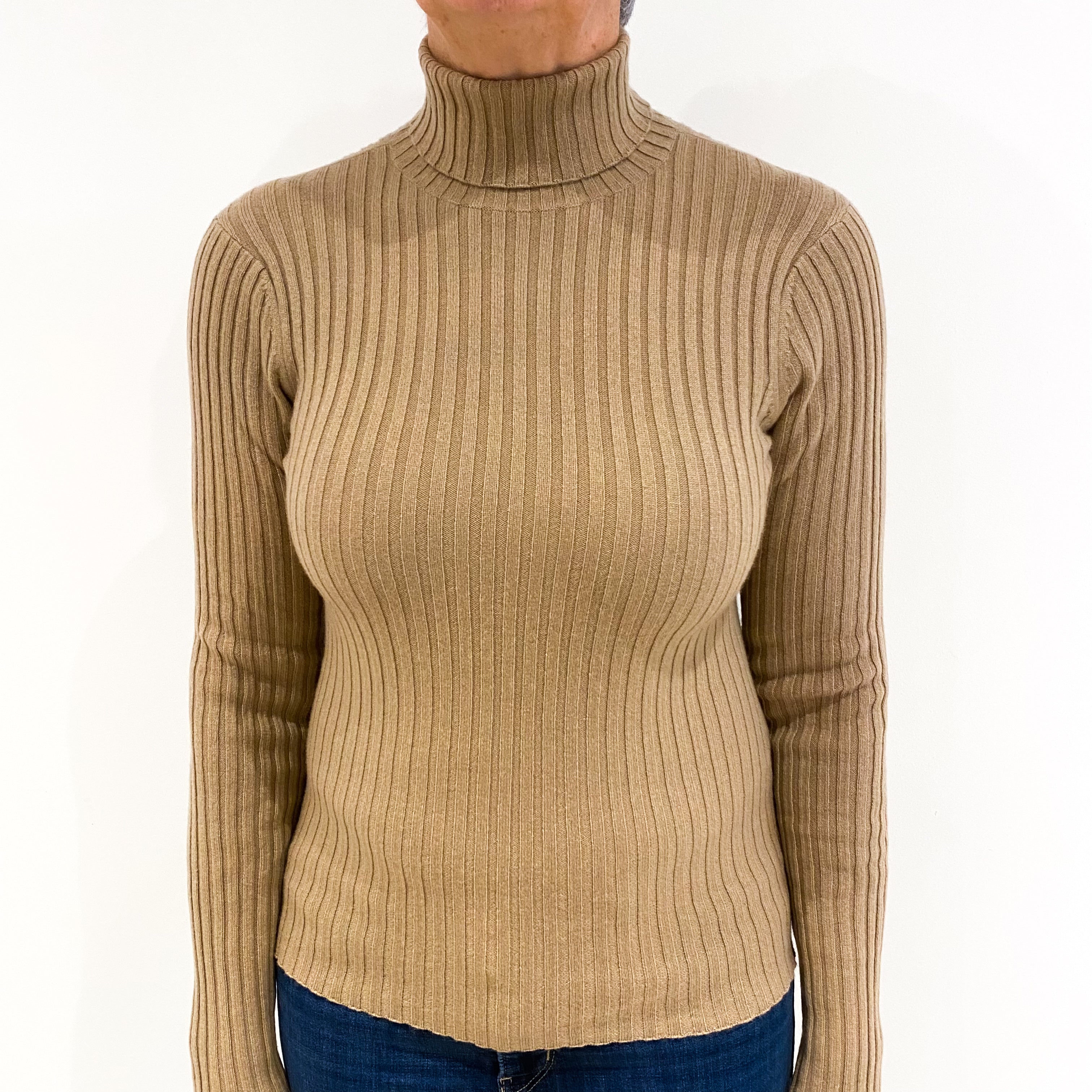 Fudge Brown Skinny Rib Cashmere Polo Neck Jumper Medium