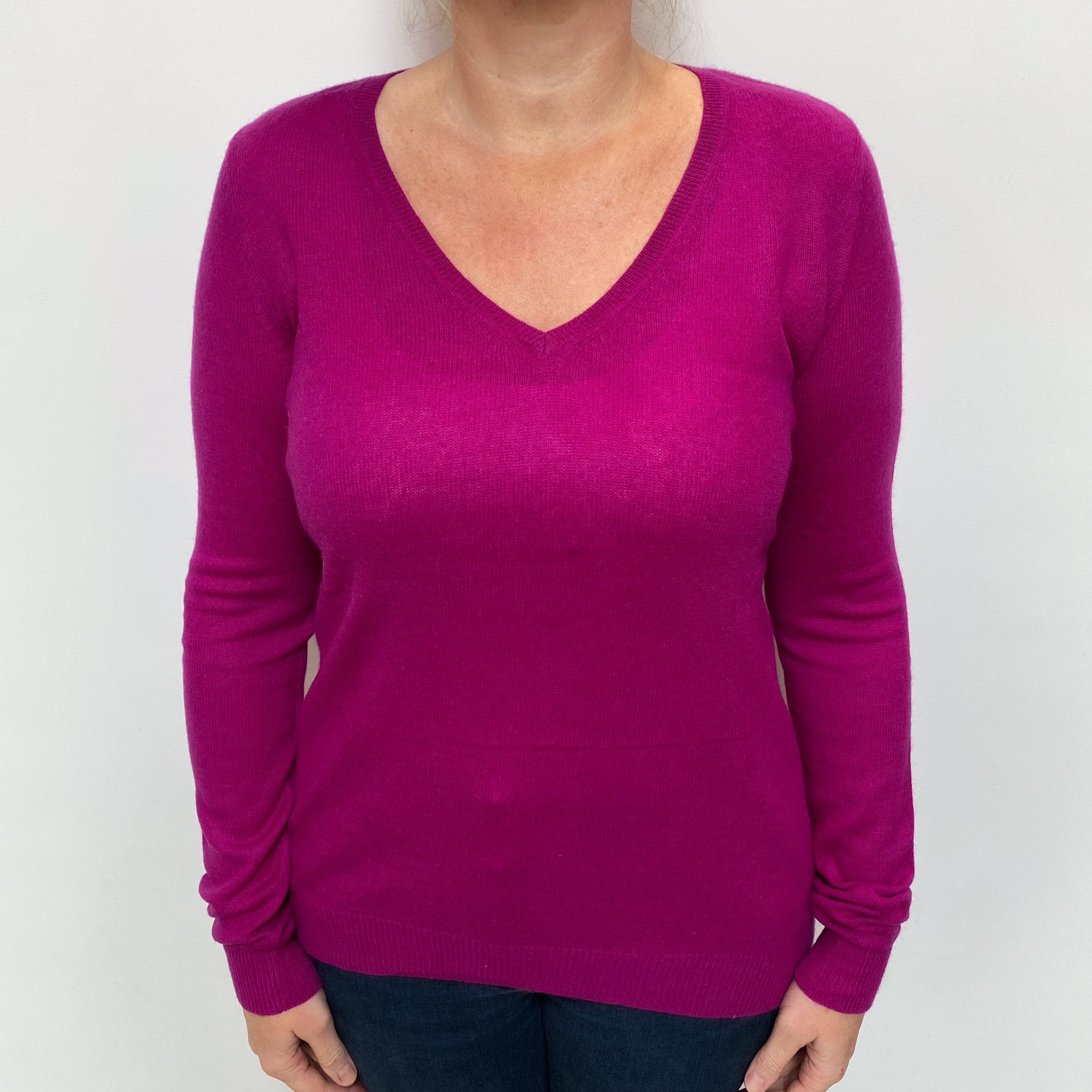 Magenta Pink Cashmere V Neck Jumper Large