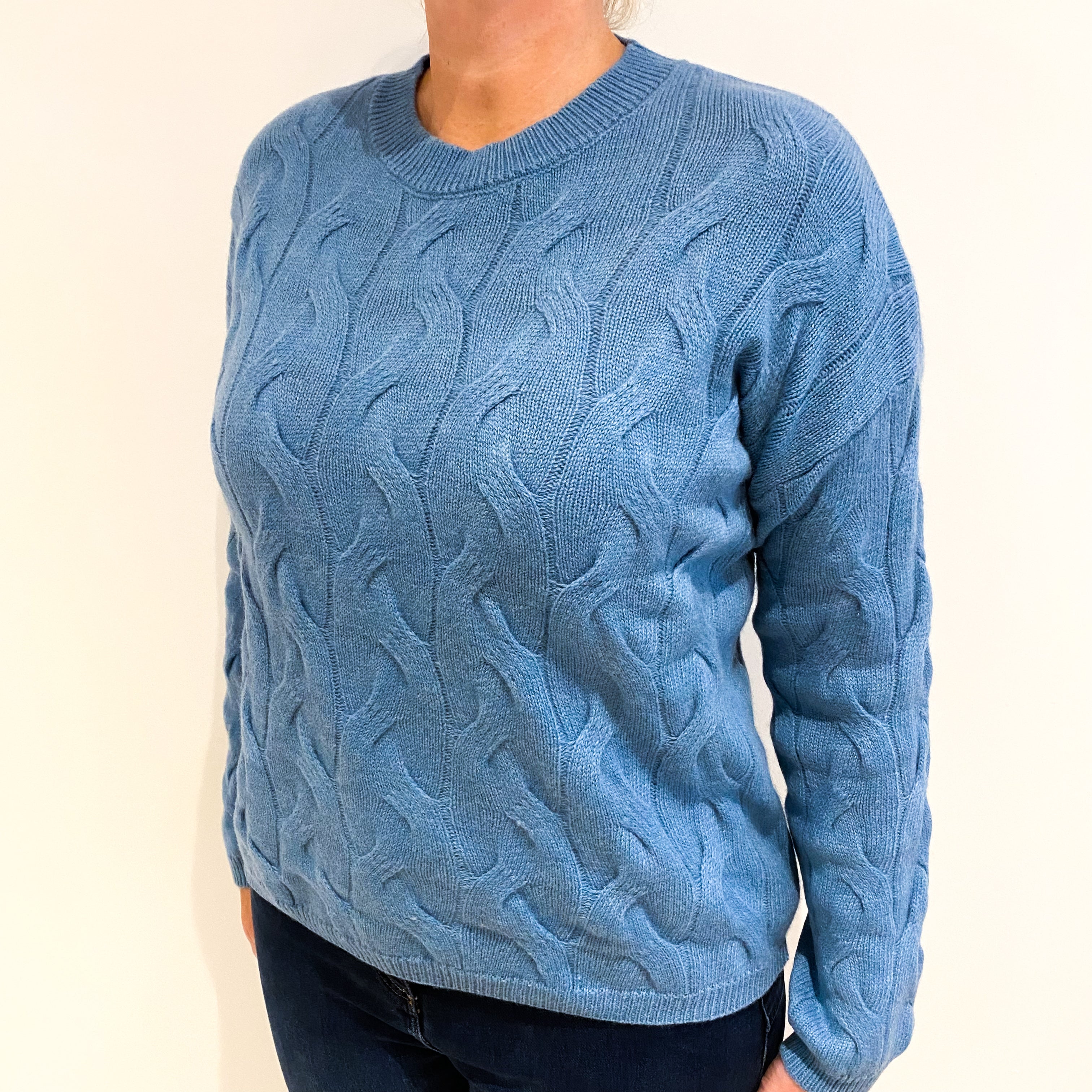Airforce Blue Chunky Knit Cashmere Crew Neck Jumper Large