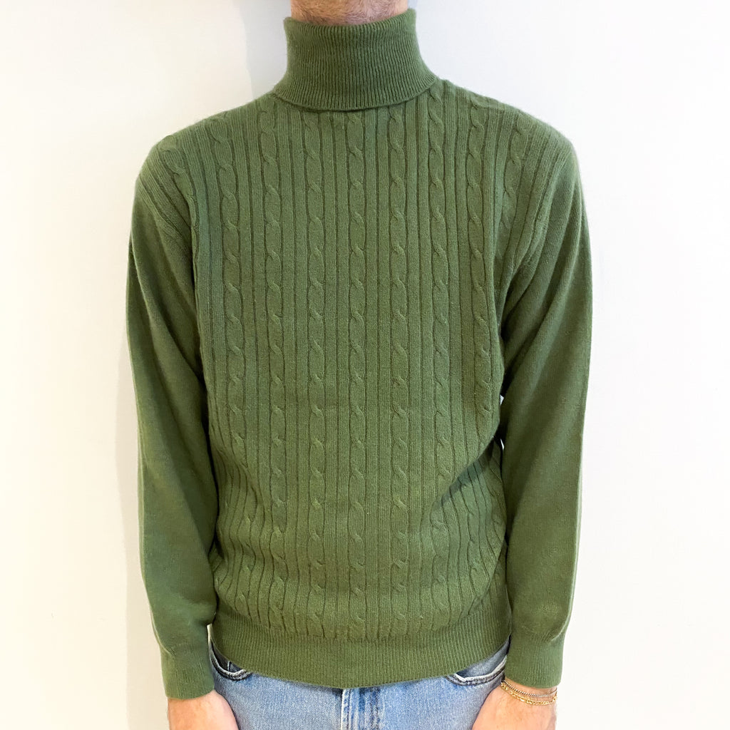 Men's Fern Green Cable Cashmere Polo Neck Jumper Medium