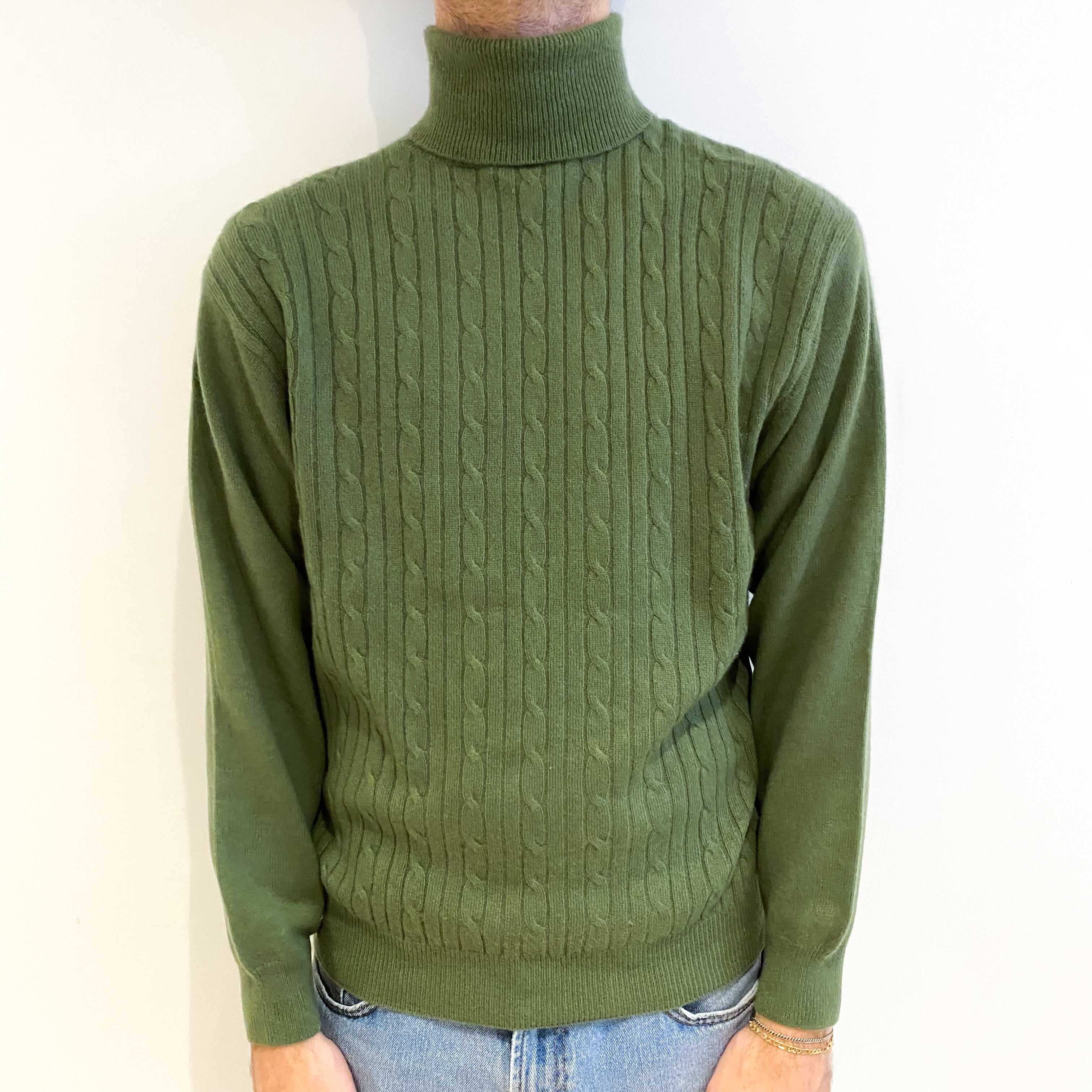 Men's Fern Green Cable Cashmere Polo Neck Jumper Medium