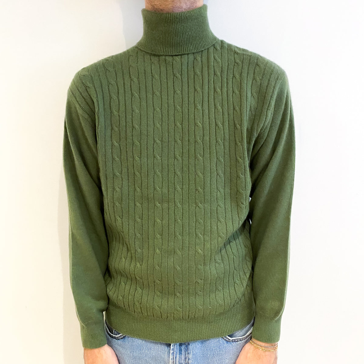Men's Fern Green Cable Cashmere Polo Neck Jumper Medium