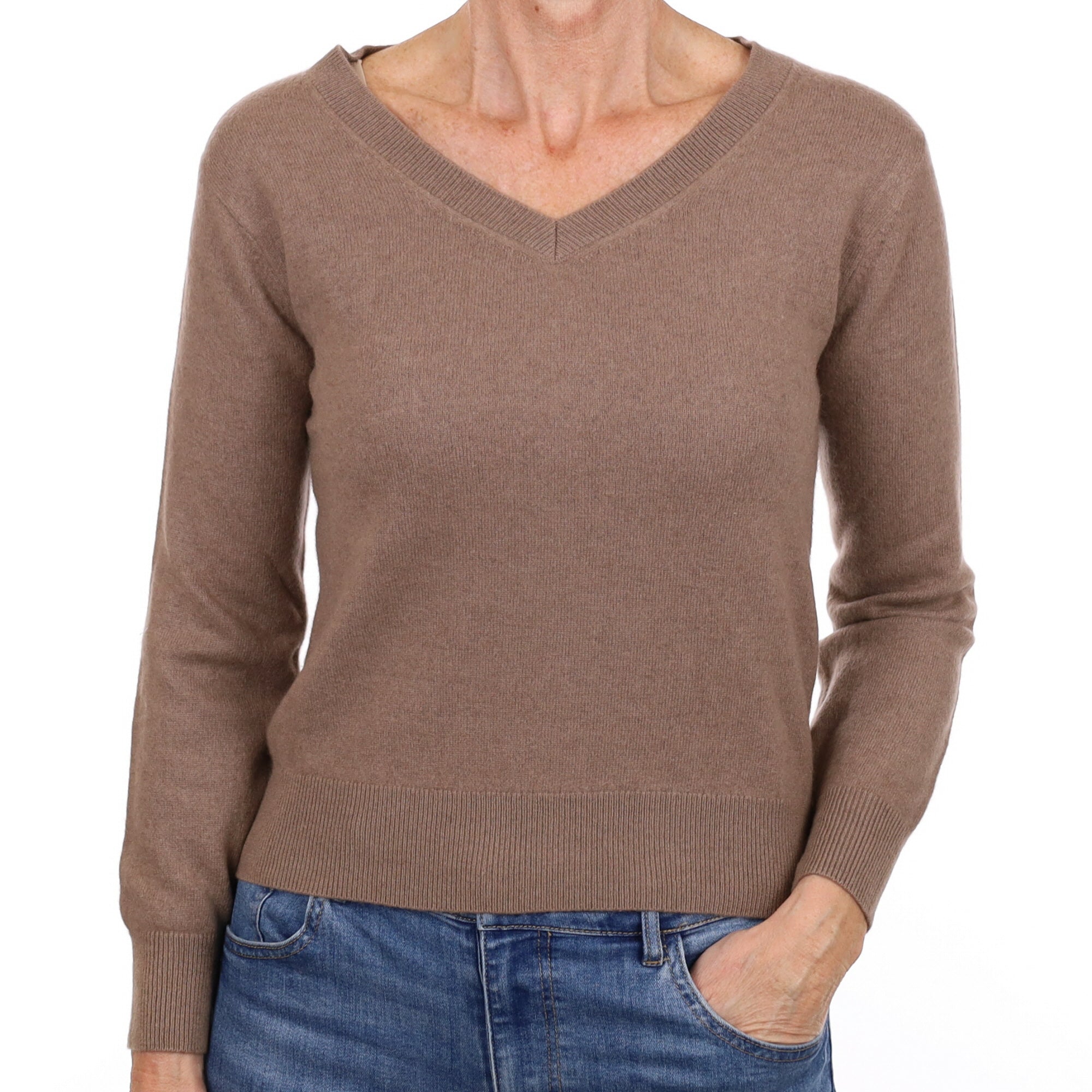 Mink Brown Cashmere V Neck Jumper Small