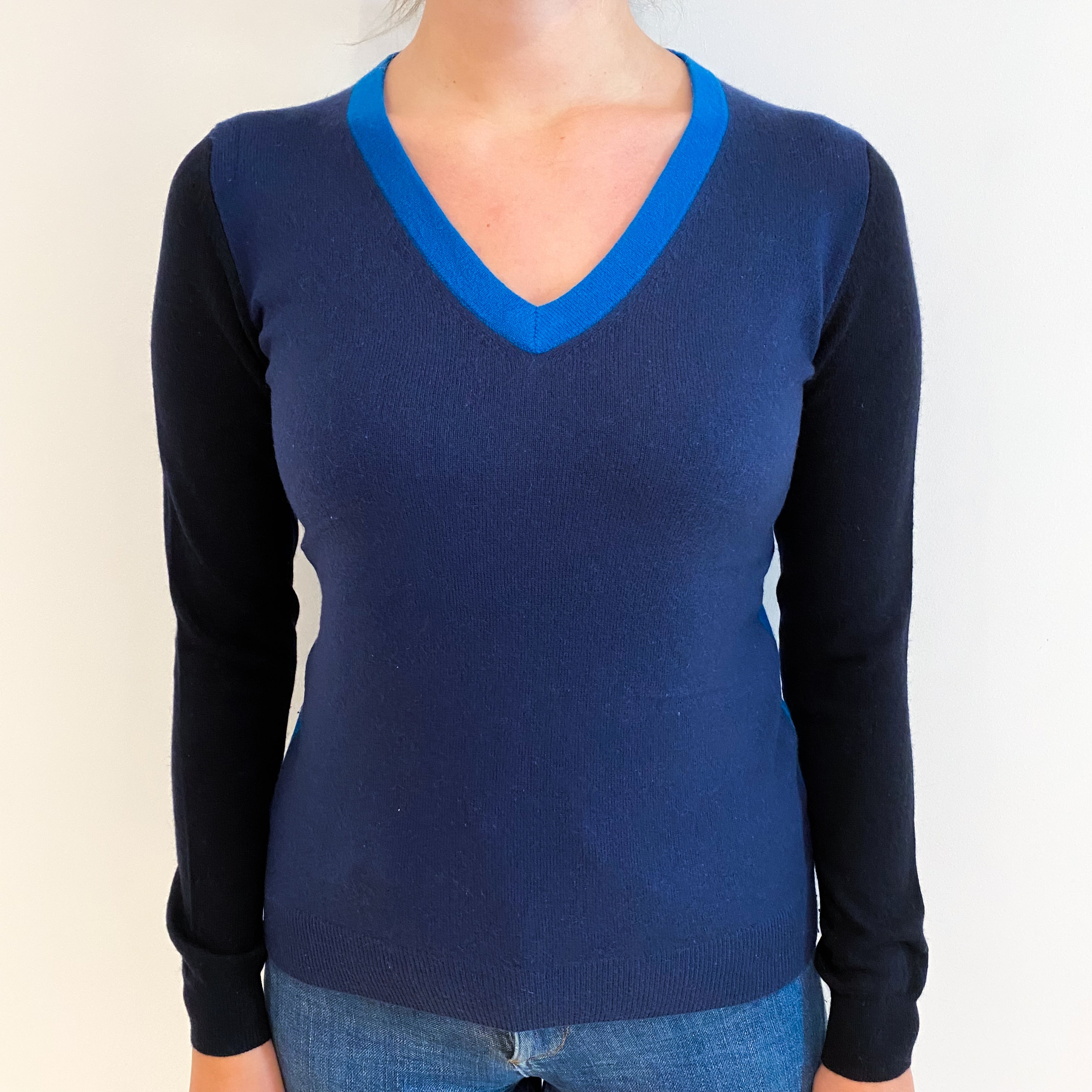 Navy Teal and Black Cashmere V Neck Jumper Small