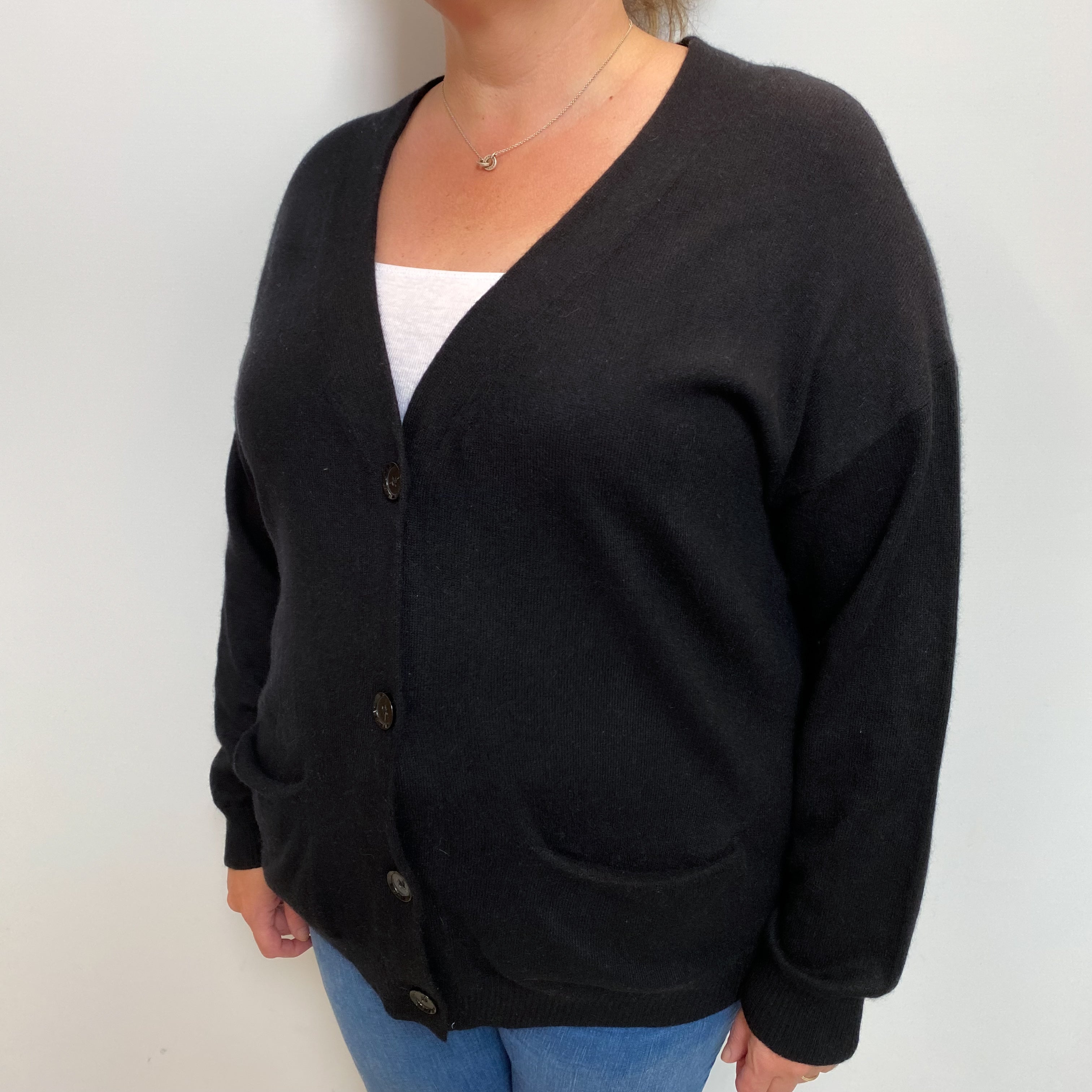 Italian Black Cashmere V-Neck Cardigan Extra Large