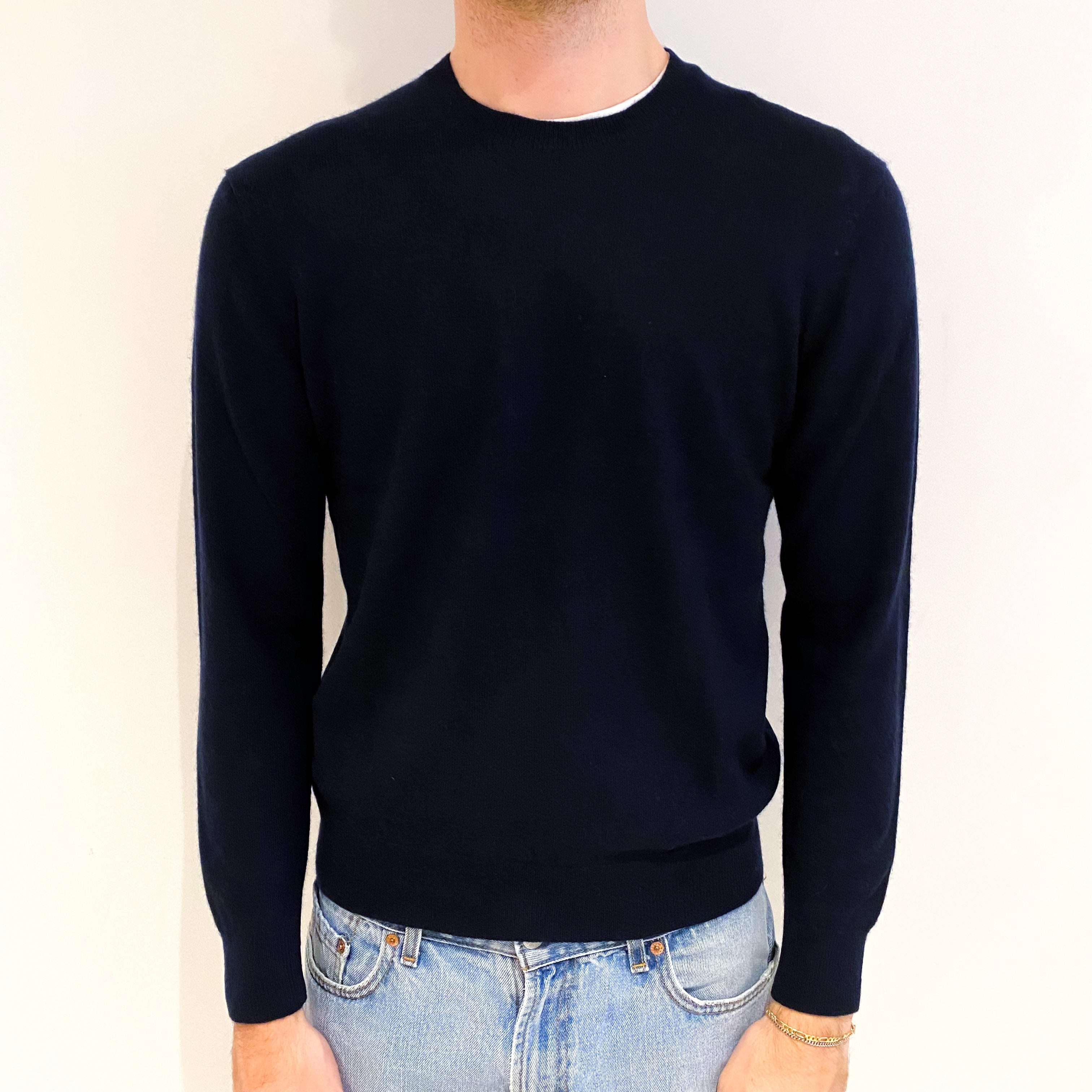 Men's Navy Blue Cashmere Crew Neck Jumper Medium