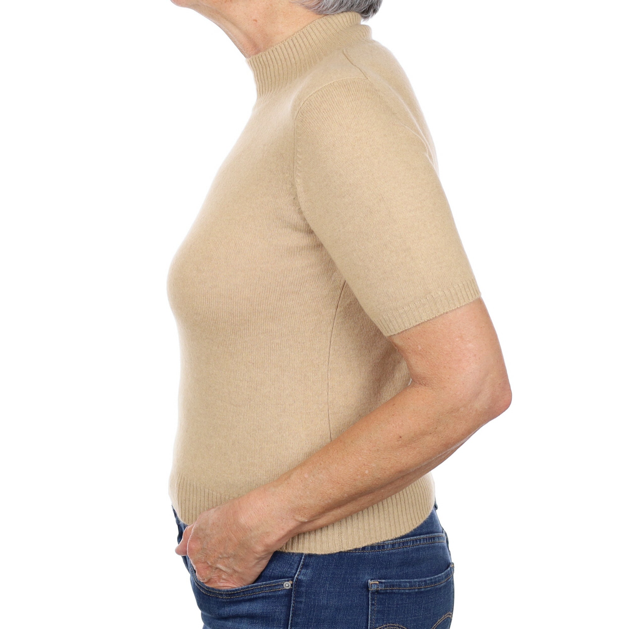 Camel Brown Cashmere Turtle Neck Short Sleeved Jumper Medium