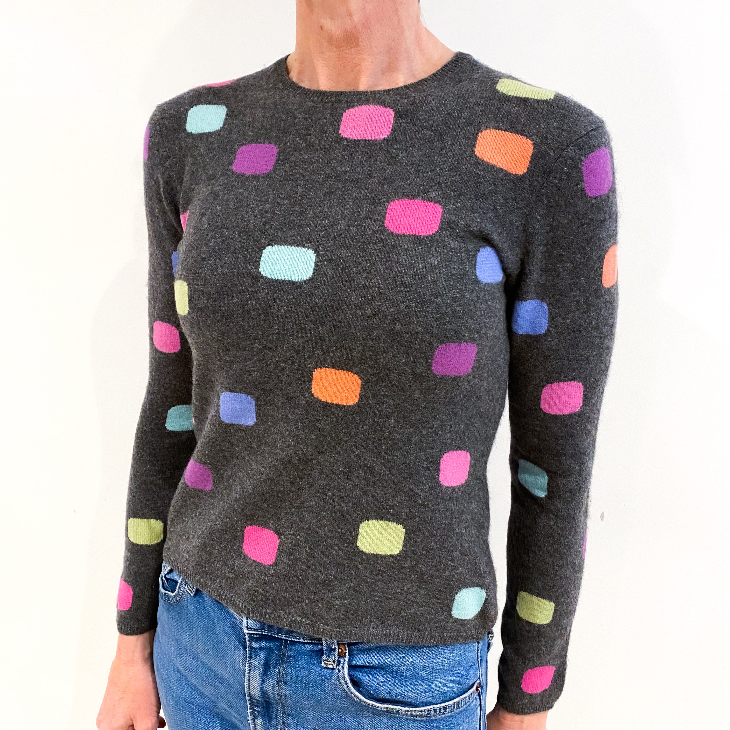 Charcoal Grey With Colourful Spots Cashmere Crew Neck Jumper Small