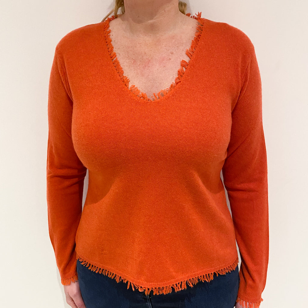 Pumpkin Orange Fringed Cashmere V-Neck Jumper Large