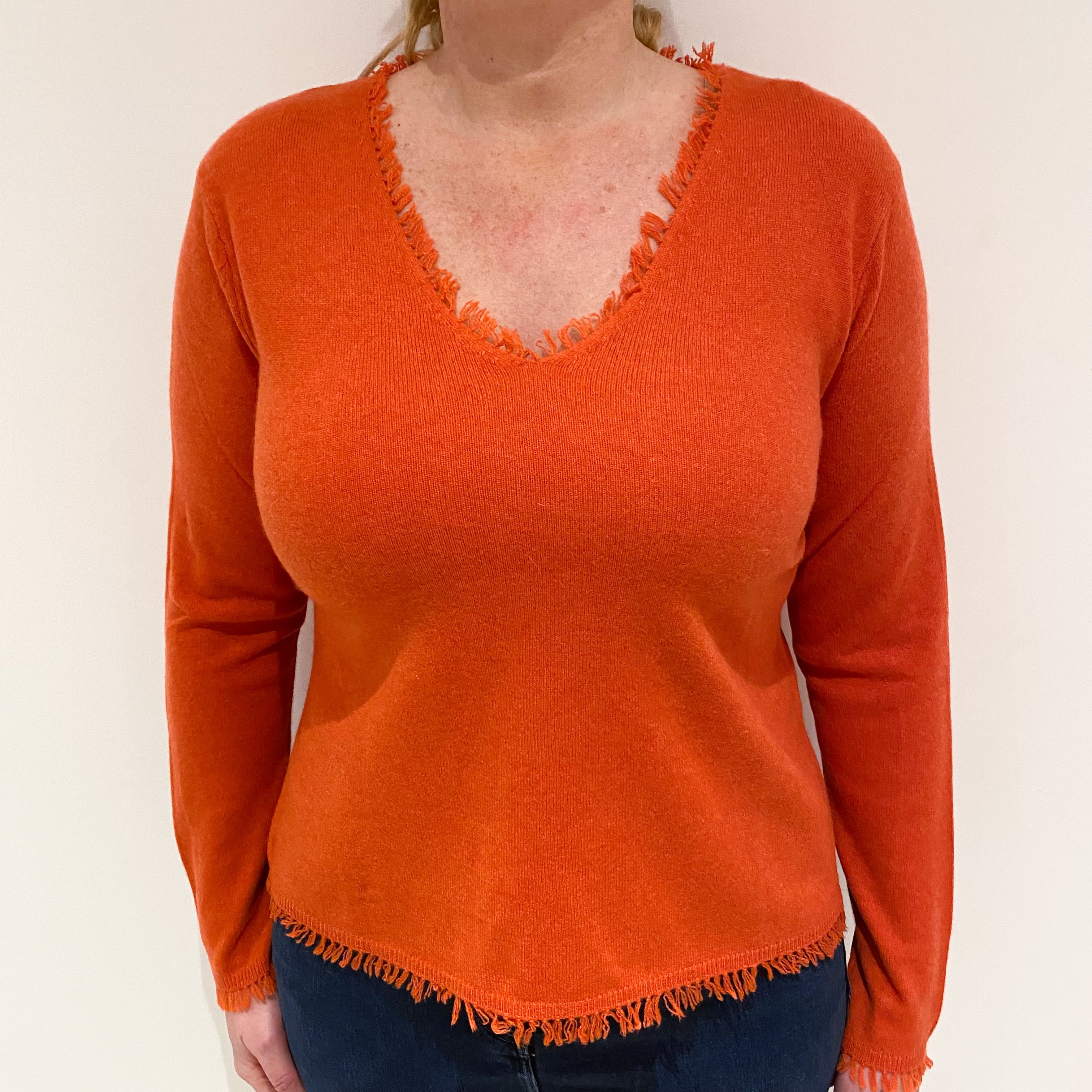 Pumpkin Orange Fringed Cashmere V-Neck Jumper Large