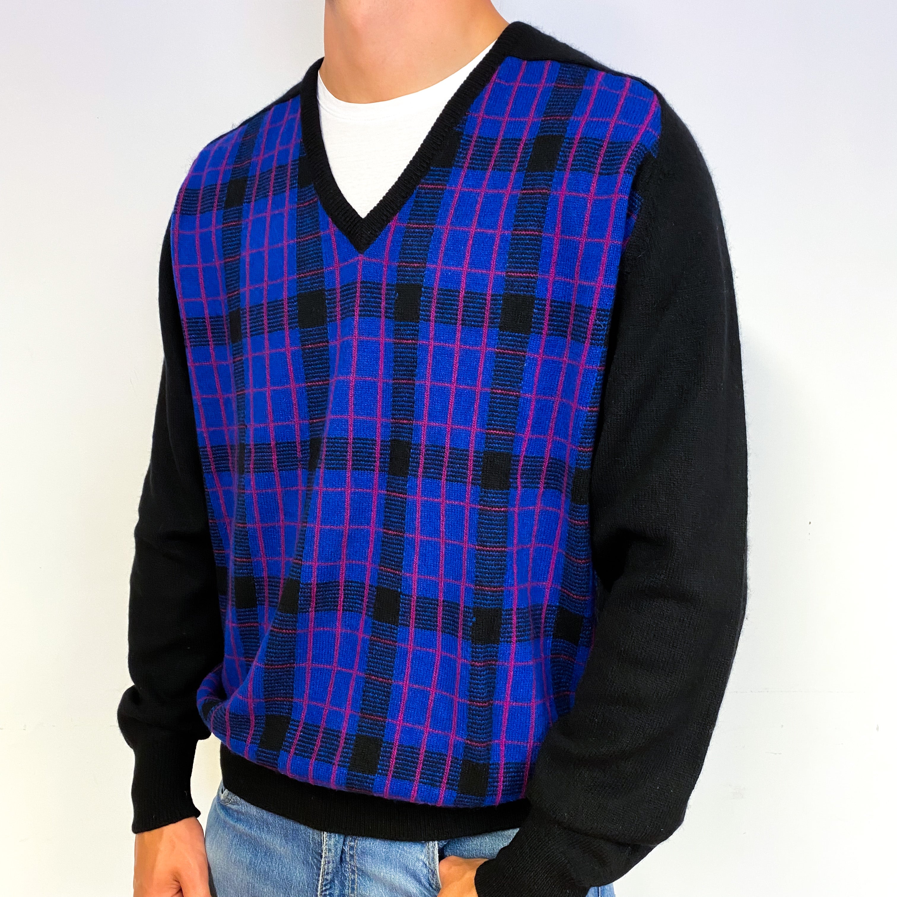 Men's Black Indigo Checked Cashmere V-Neck Jumper Extra Large