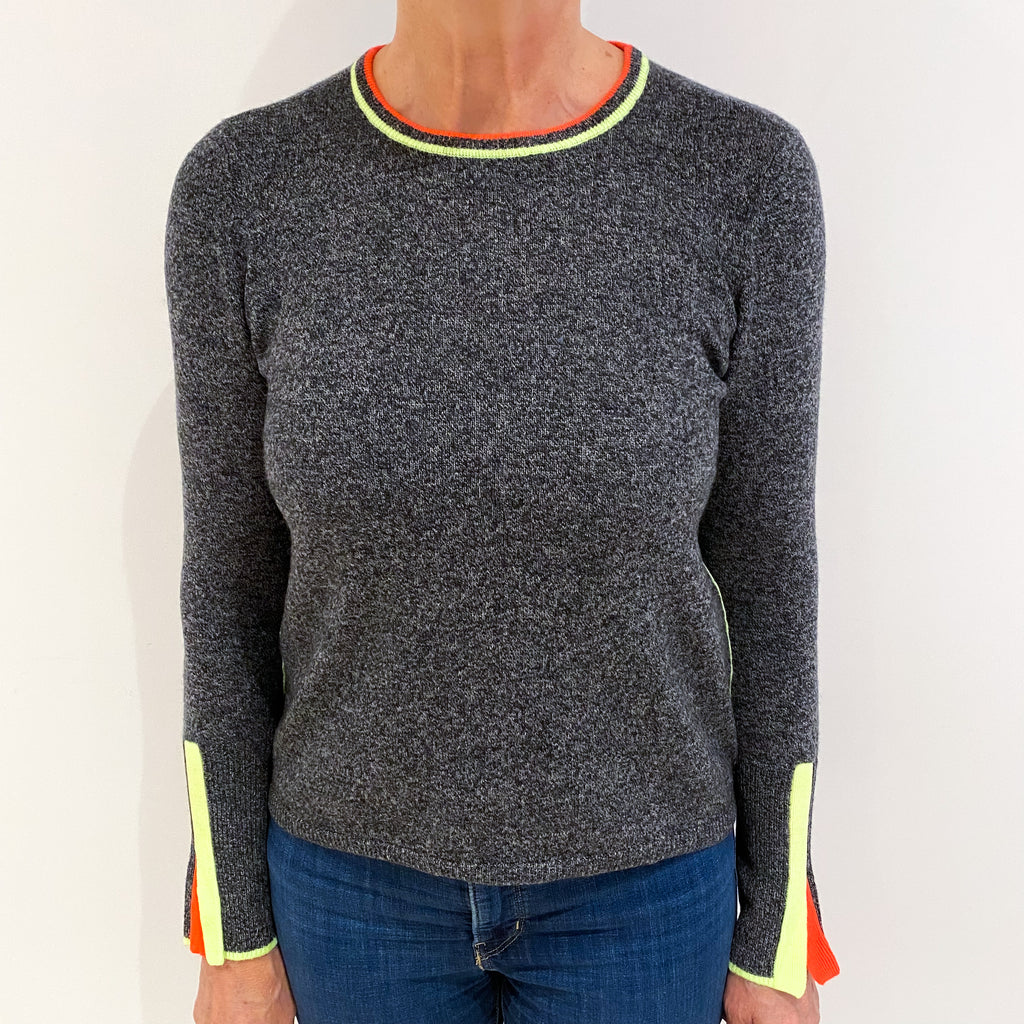 Slate Grey Neon Trim Cashmere Crew Neck Jumper Medium