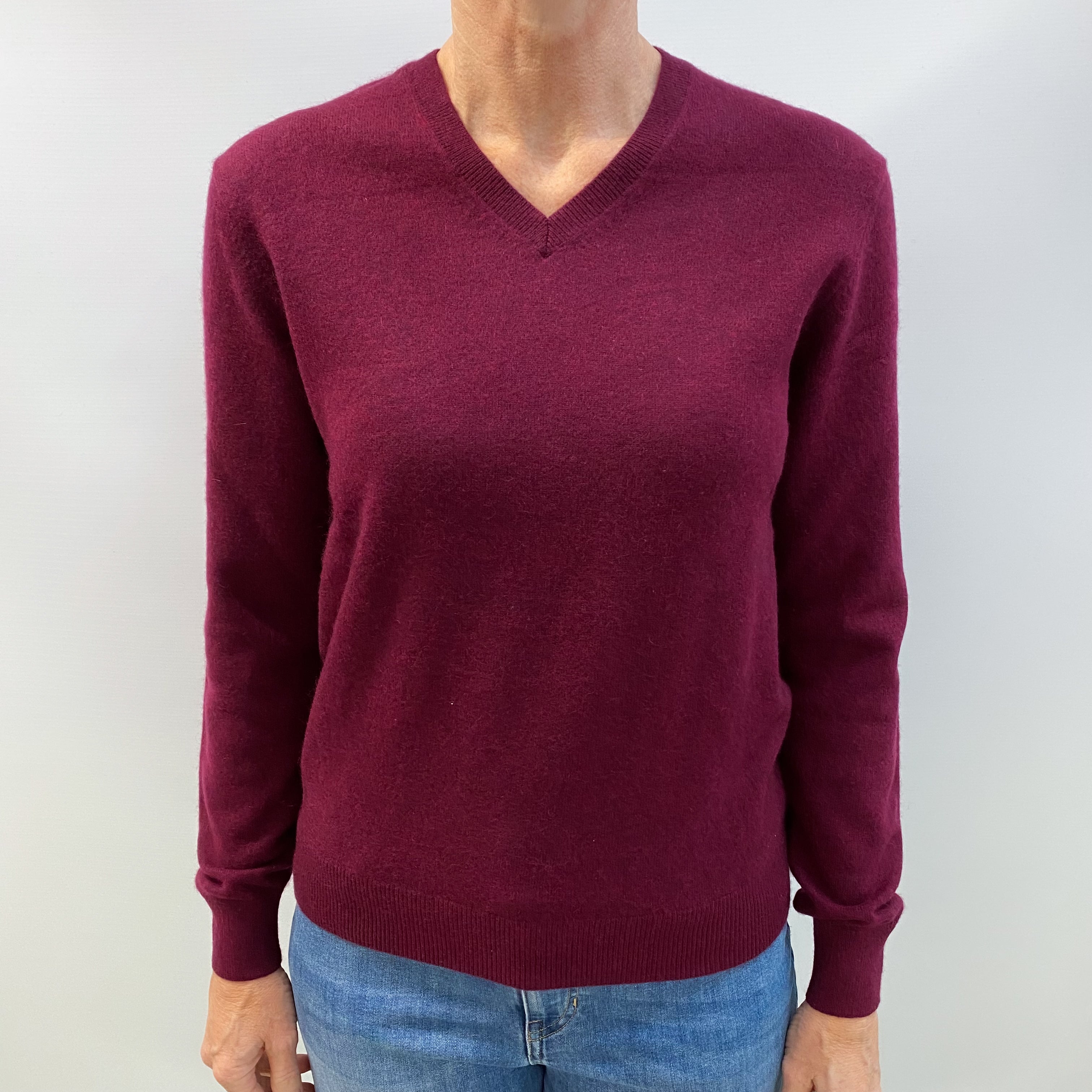 Burgundy Red Cashmere V Neck Jumper Small