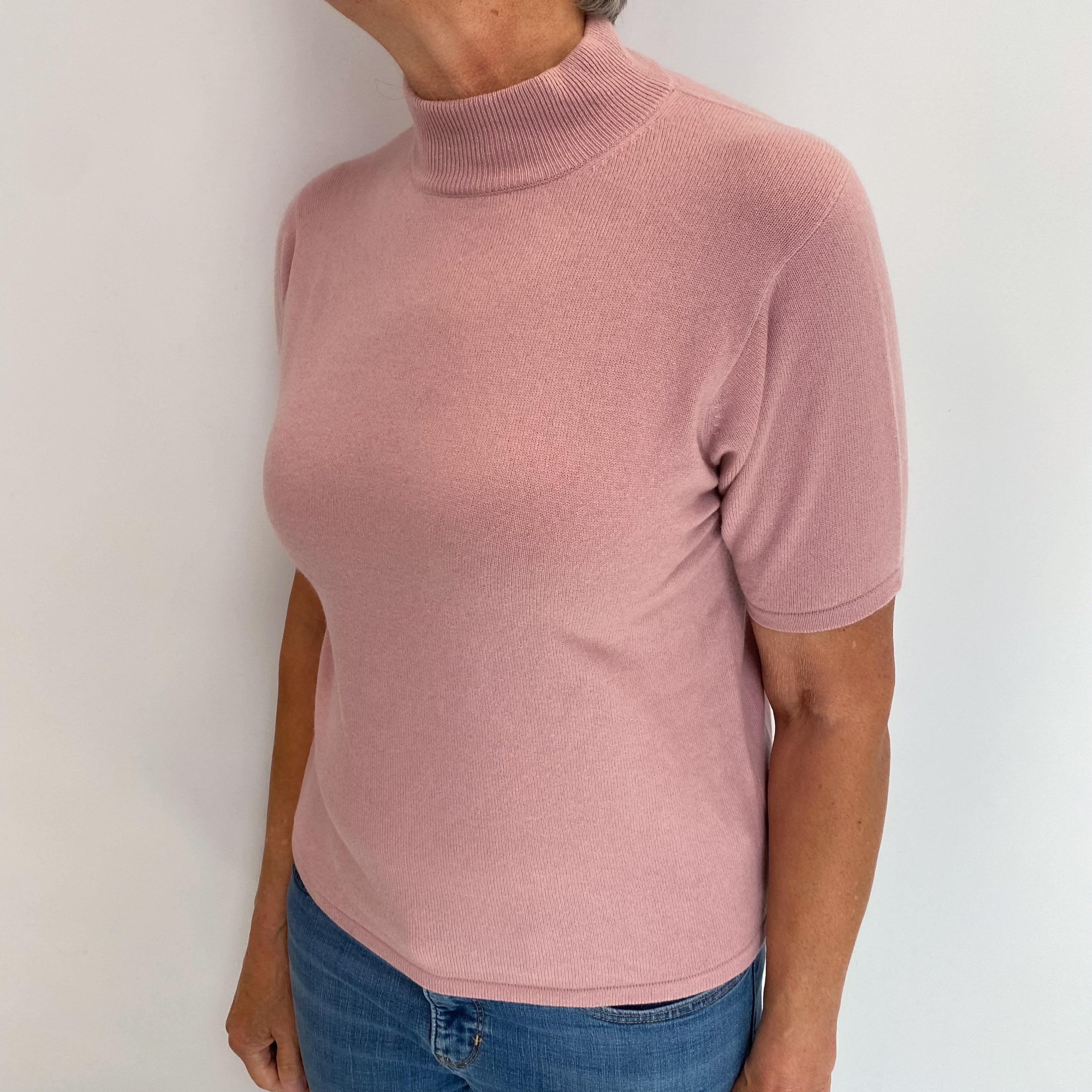 Dusky Pink Cashmere Turtle Neck Short Sleeved Jumper Medium