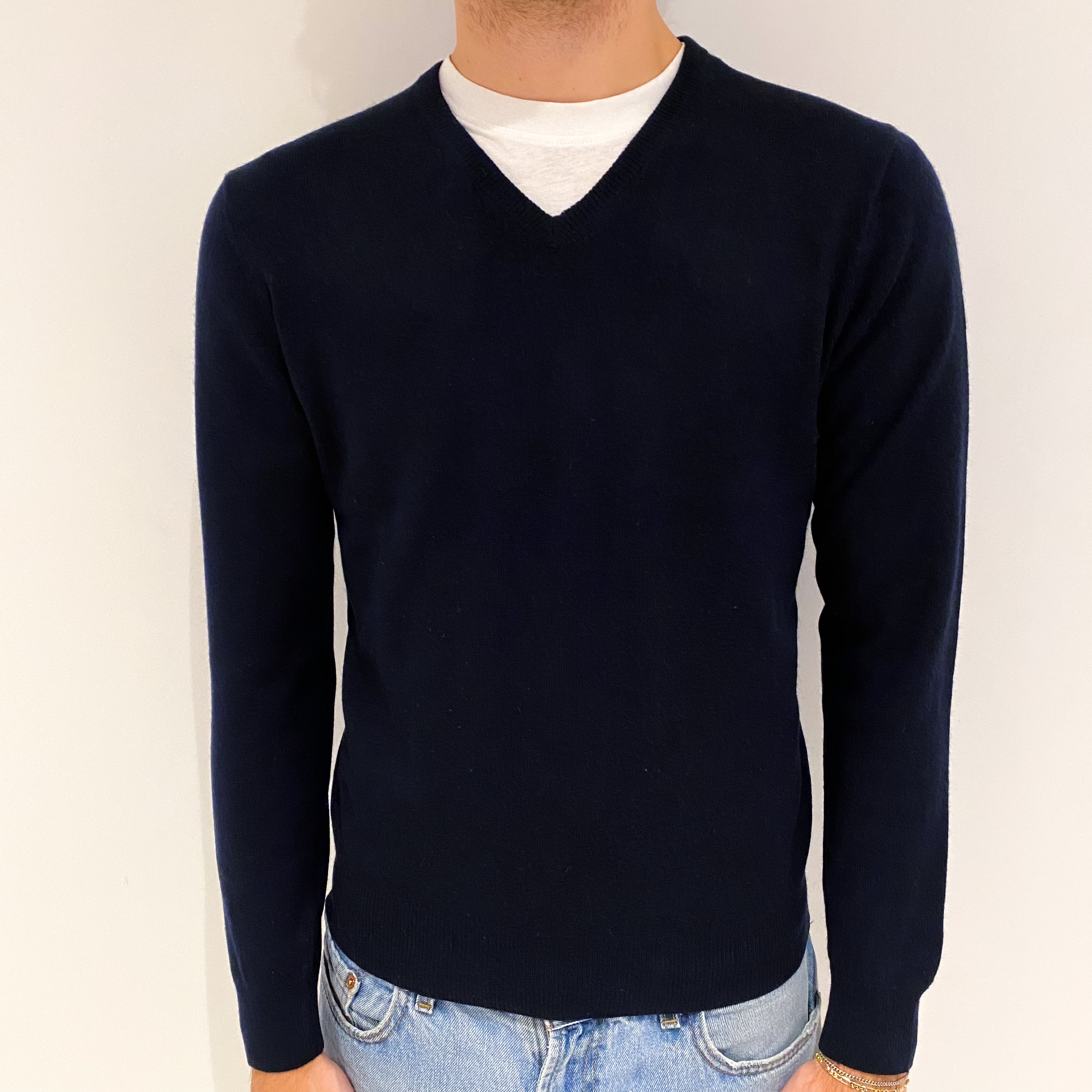 Men's Dark Navy Cashmere V-Neck Jumper Large