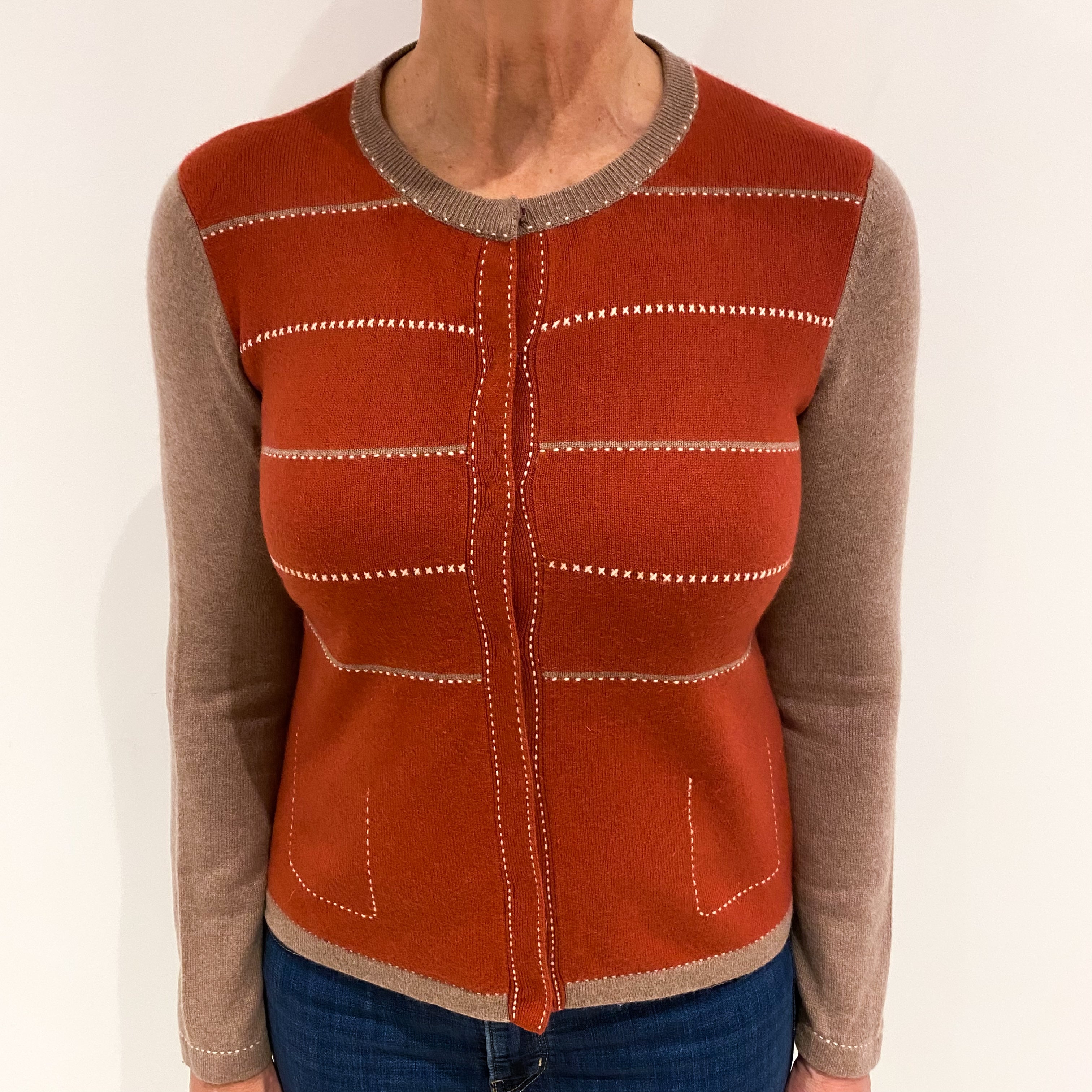 Rust Red and Camel Cashmere Crew Neck Cardigan Medium