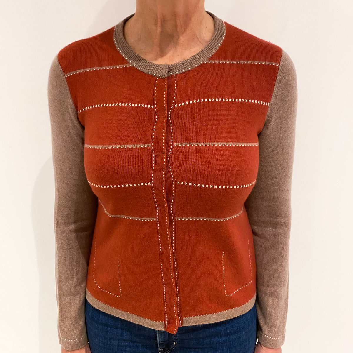 Rust Red and Camel Cashmere Crew Neck Cardigan Medium