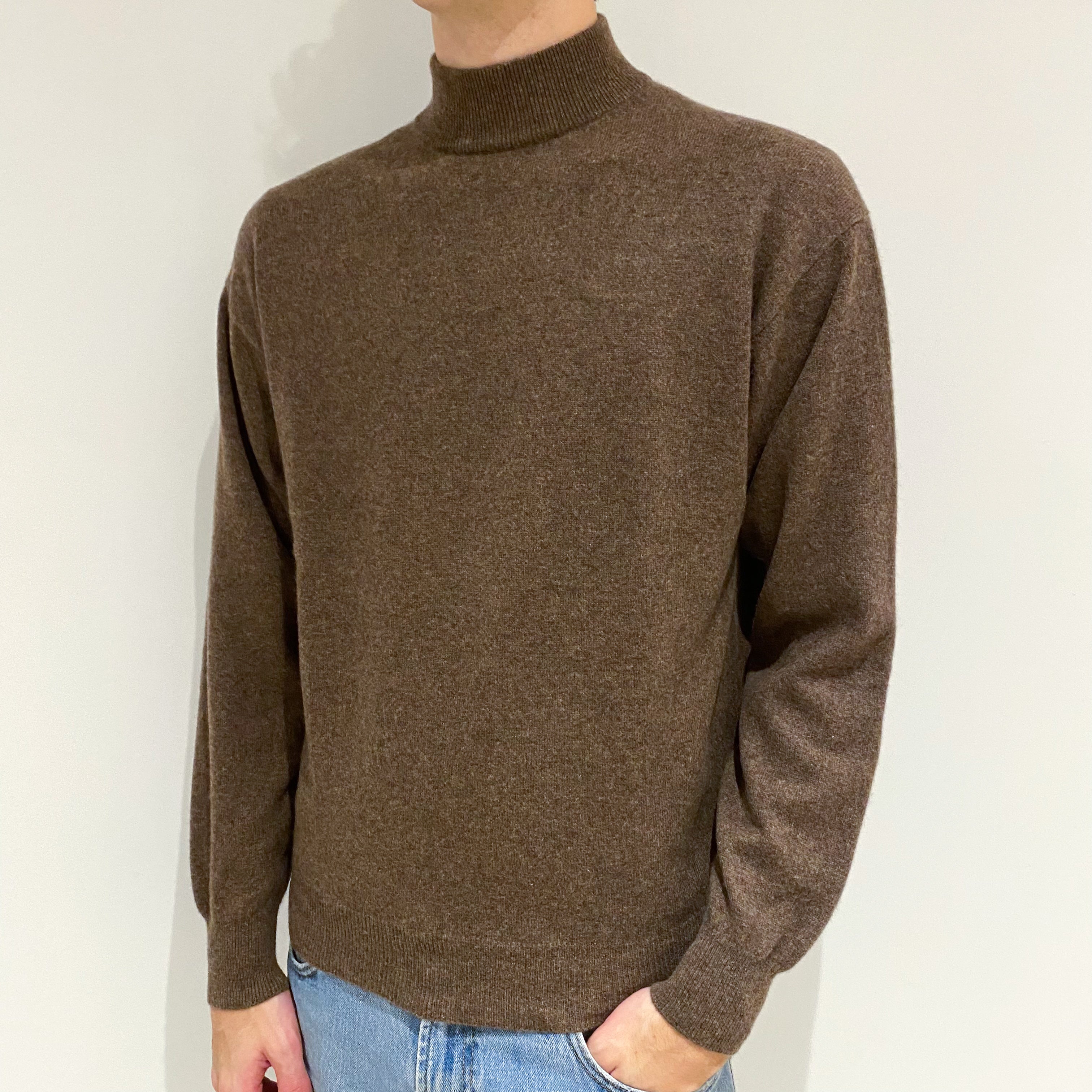 Men's Pecan Brown Cashmere Turtle Neck Jumper Large