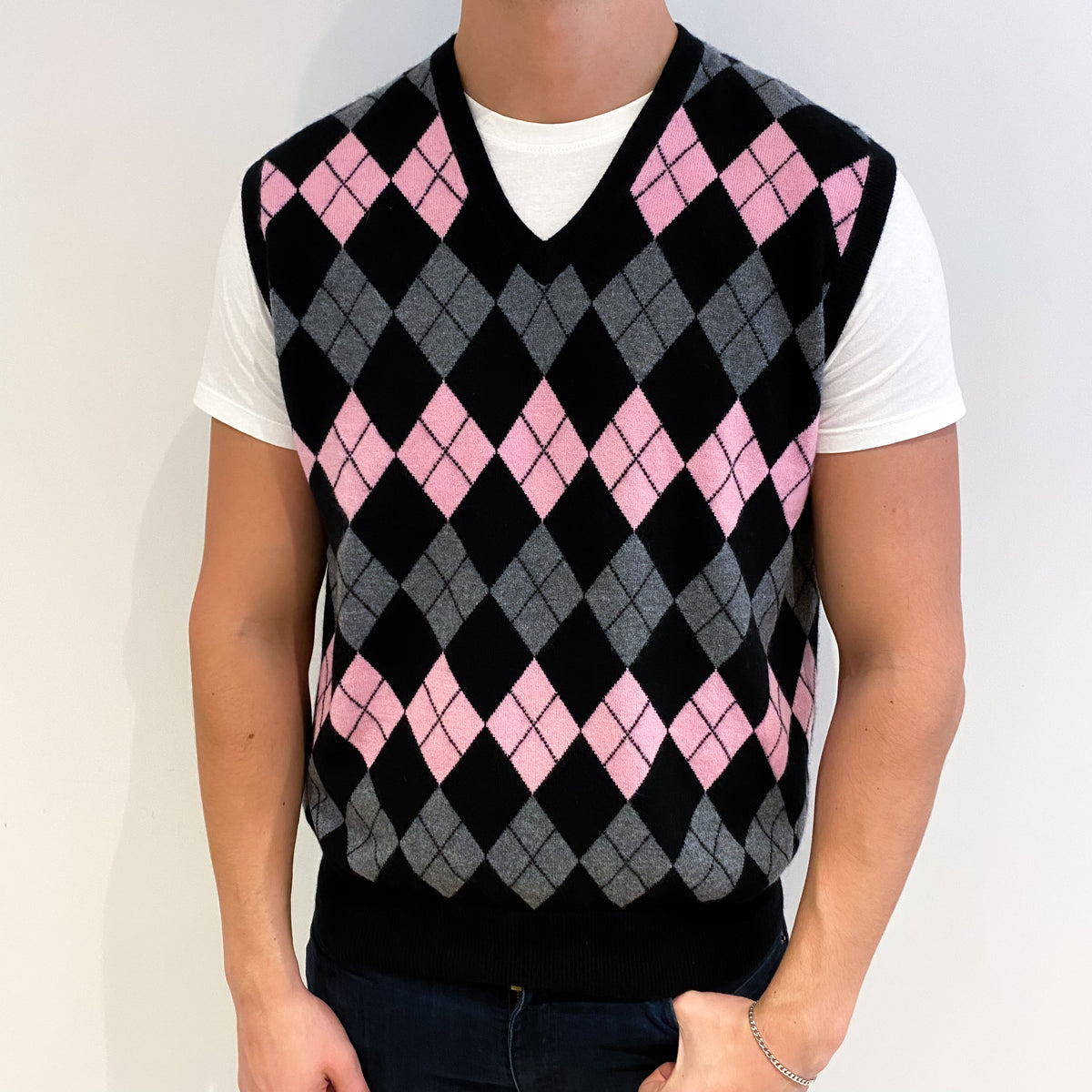Men's Black and Pink Diamond Cashmere V Neck Tank Top XXL
