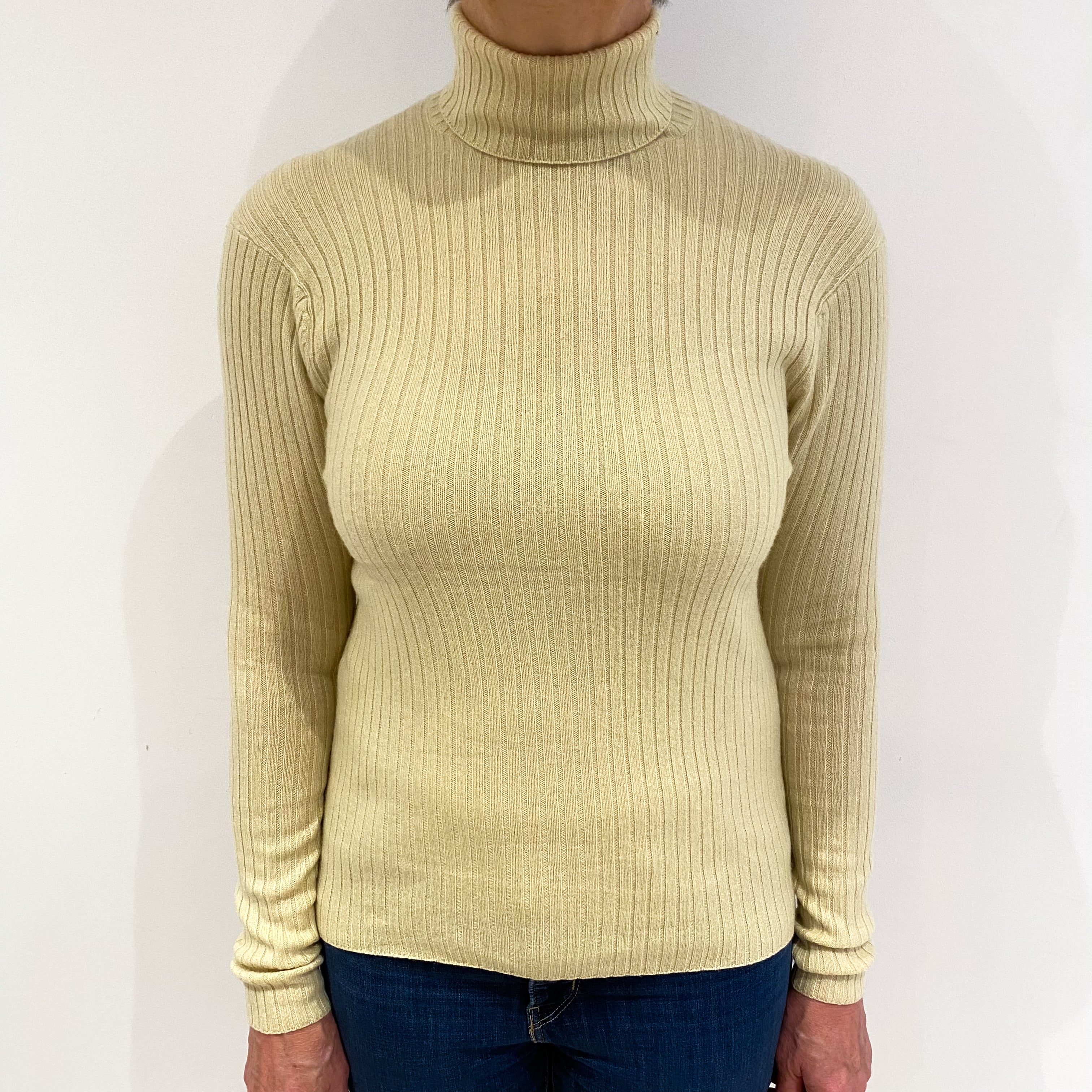 Muted Yellow Cashmere Polo Neck Ribbed Knit Jumper Medium