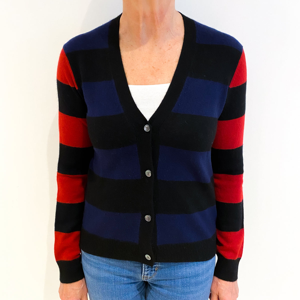 Equipment Black Red Stripe Cashmere V Neck Cardigan Medium