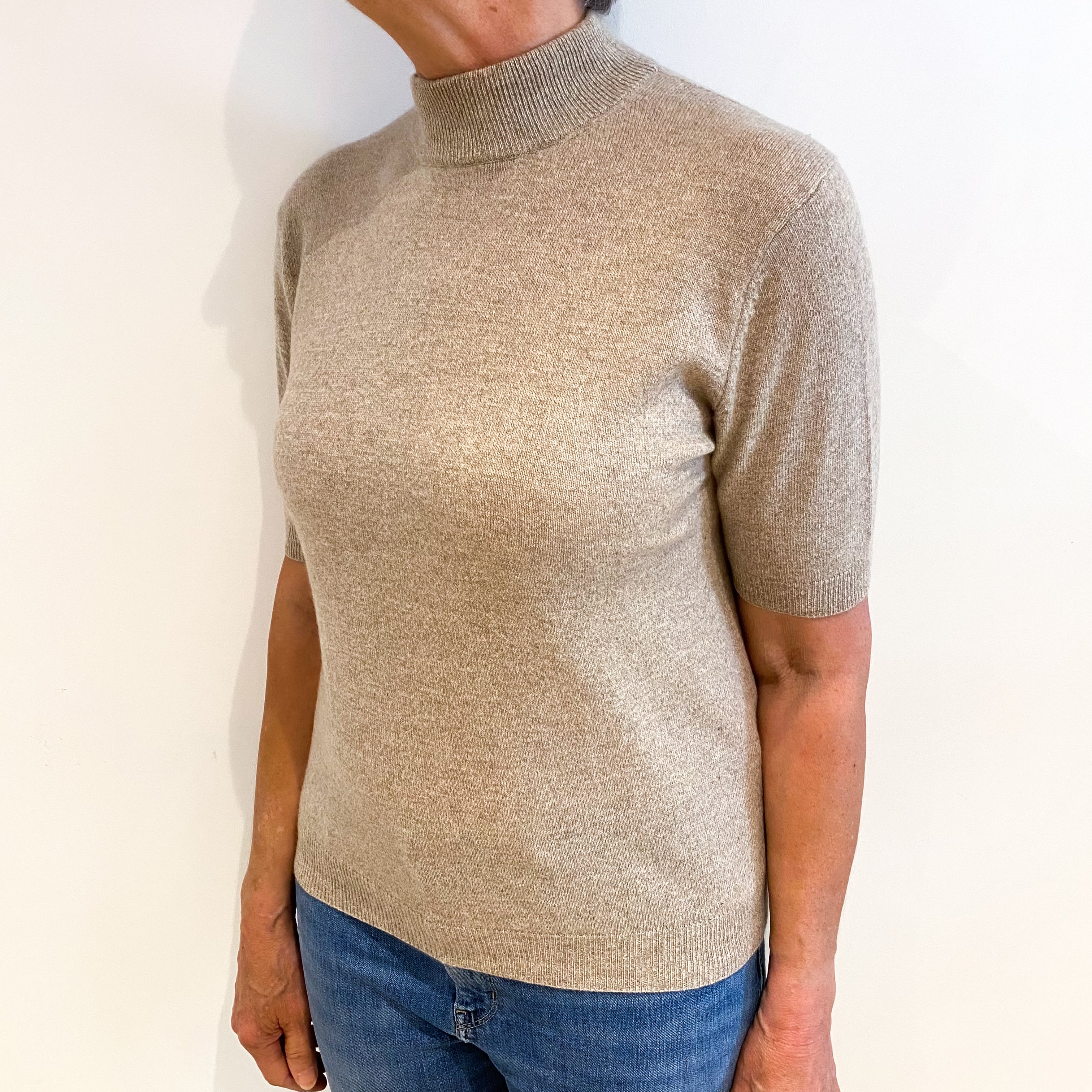 Beige Marl Cashmere Turtle Neck Short Sleeved Jumper Medium