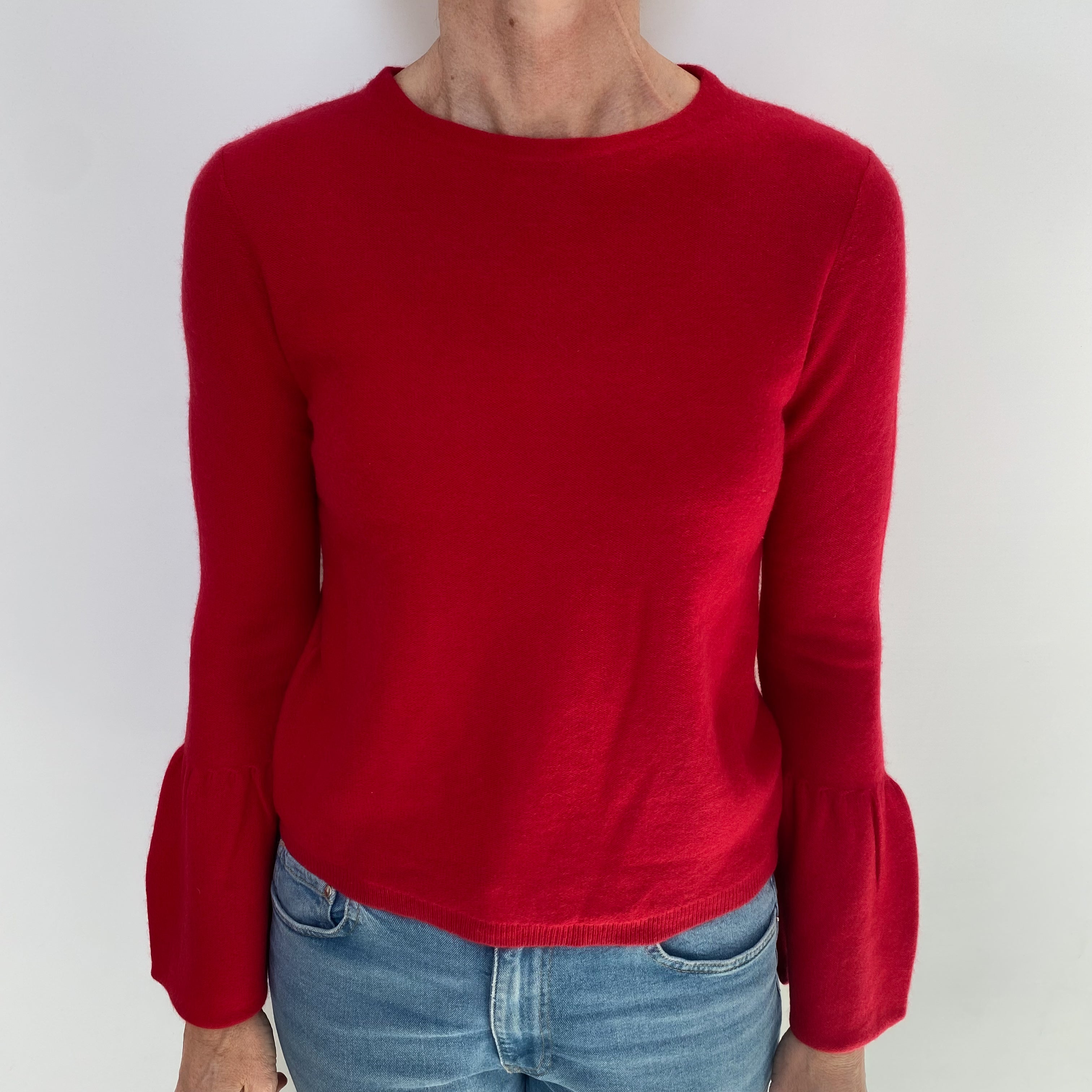 Scarlet Red Cashmere Bell Cuff Crew Neck Jumper Small
