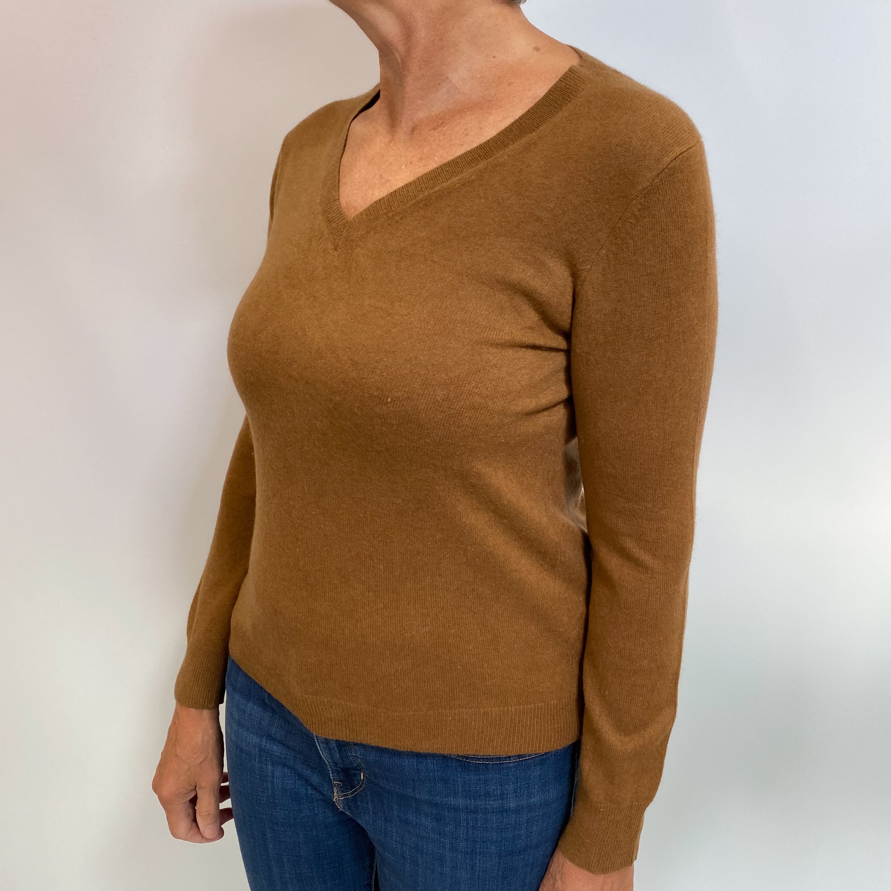 Chestnut Brown Cashmere V Neck Jumper Medium