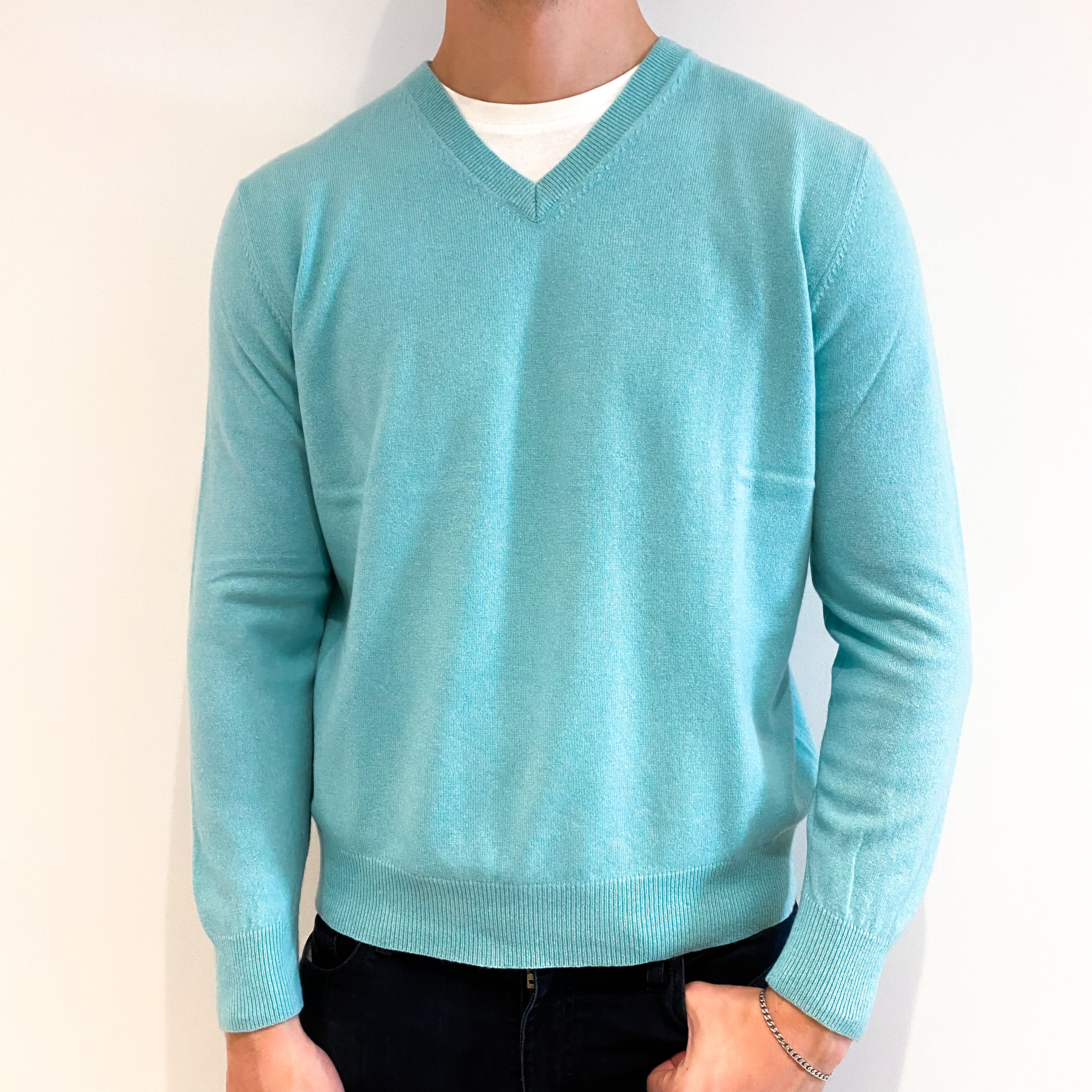 Men's Deep Mint Green Cashmere V-Neck Jumper Extra Large