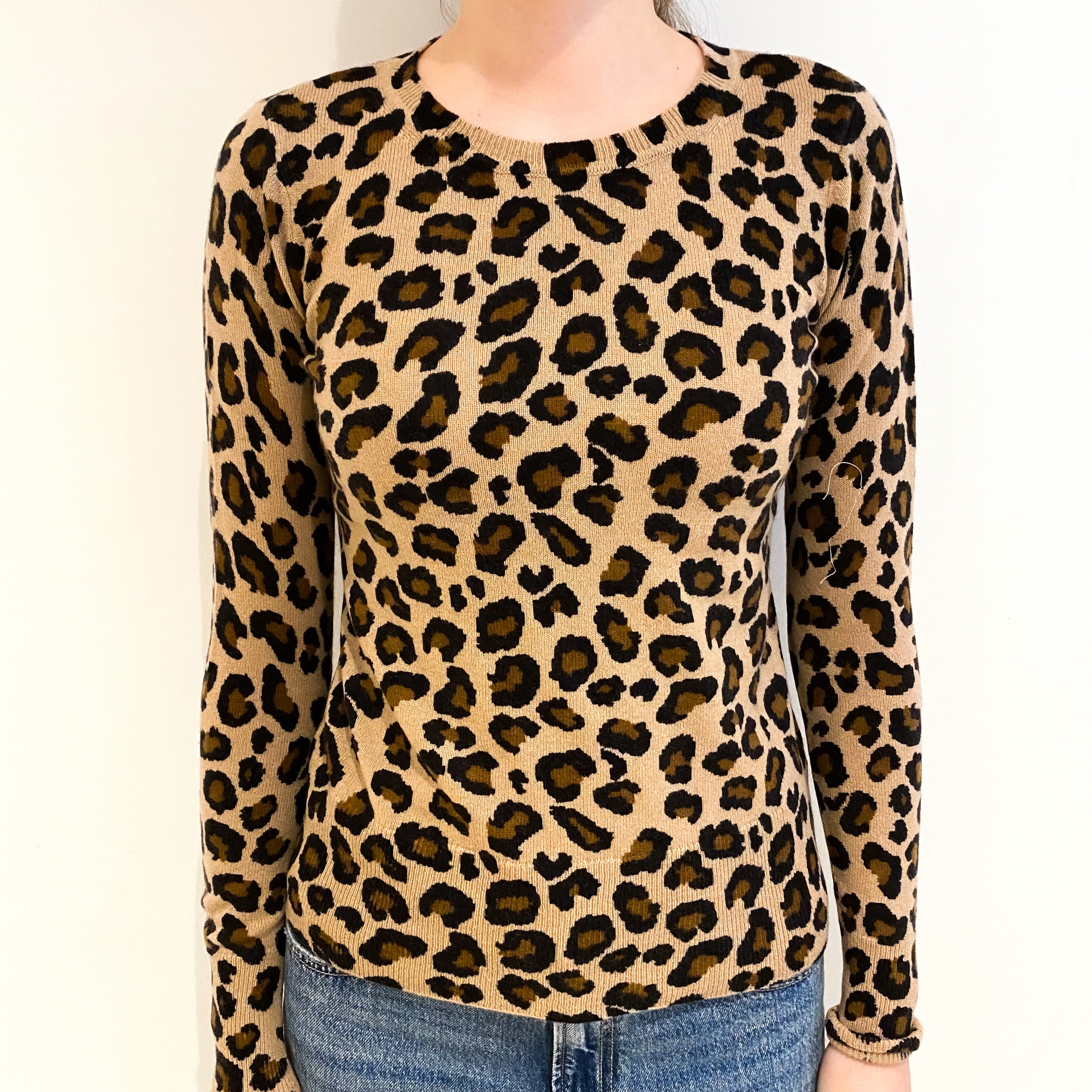 Brown Leopard Print Cashmere Crew Neck Jumper Extra Small