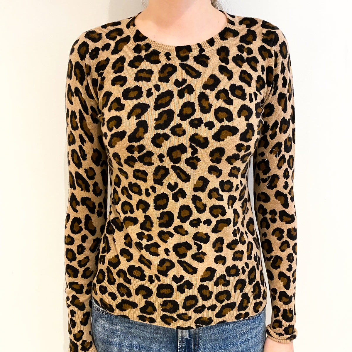 Brown Leopard Print Cashmere Crew Neck Jumper Extra Small