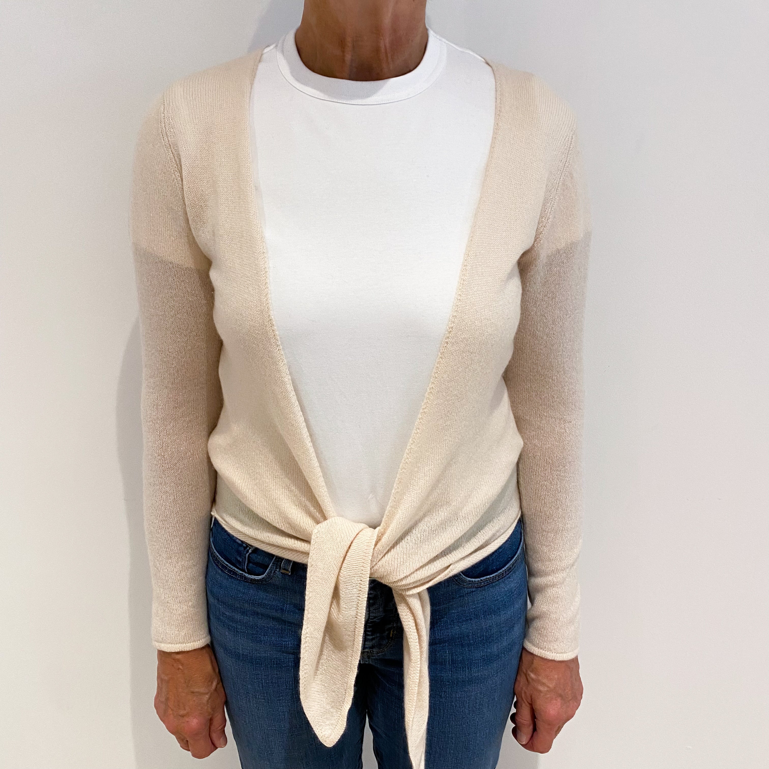 Clotted Cream Lightweight Cashmere Tie Front Cardigan Medium