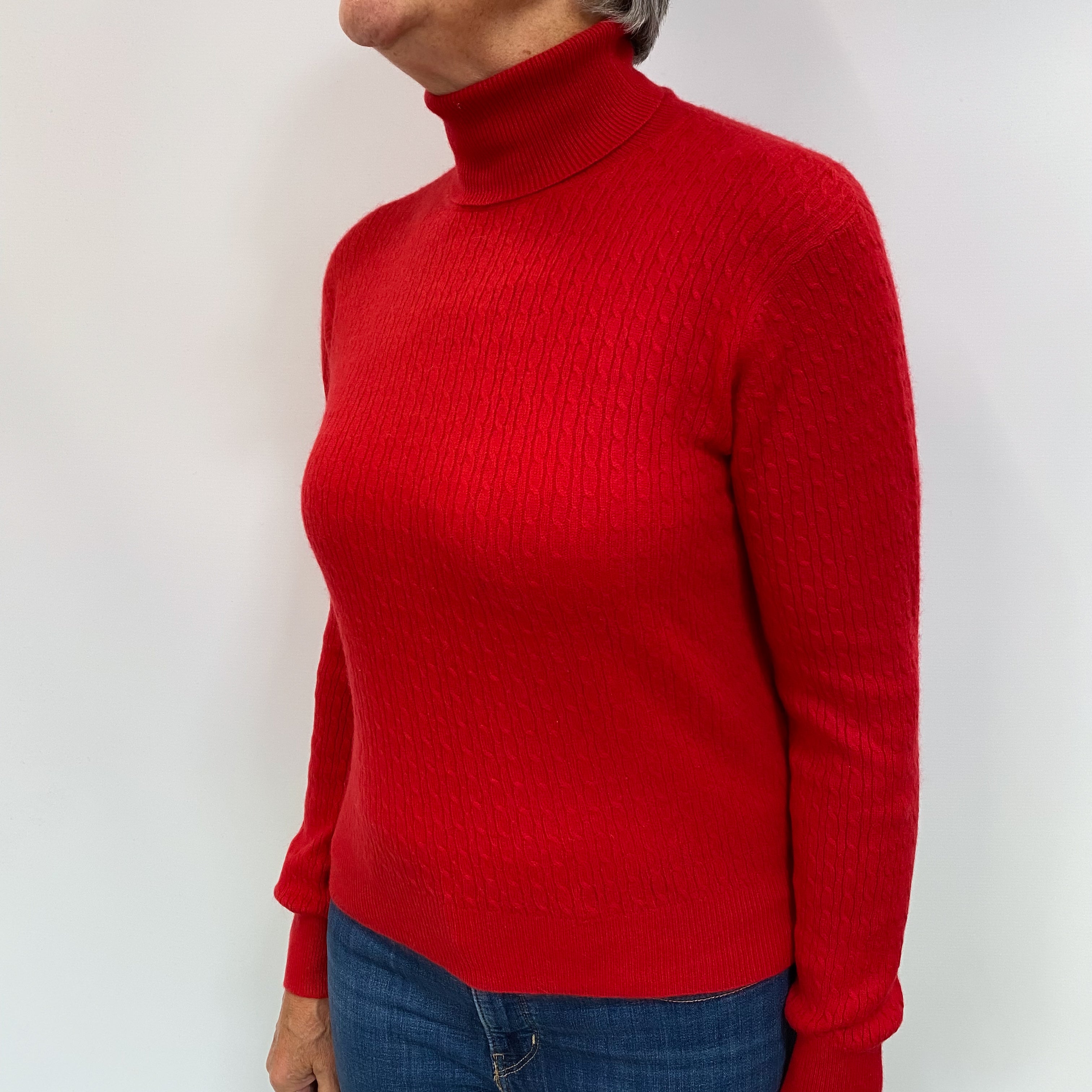 Scarlet Red Cashmere Polo Neck Cable Knit Jumper Medium