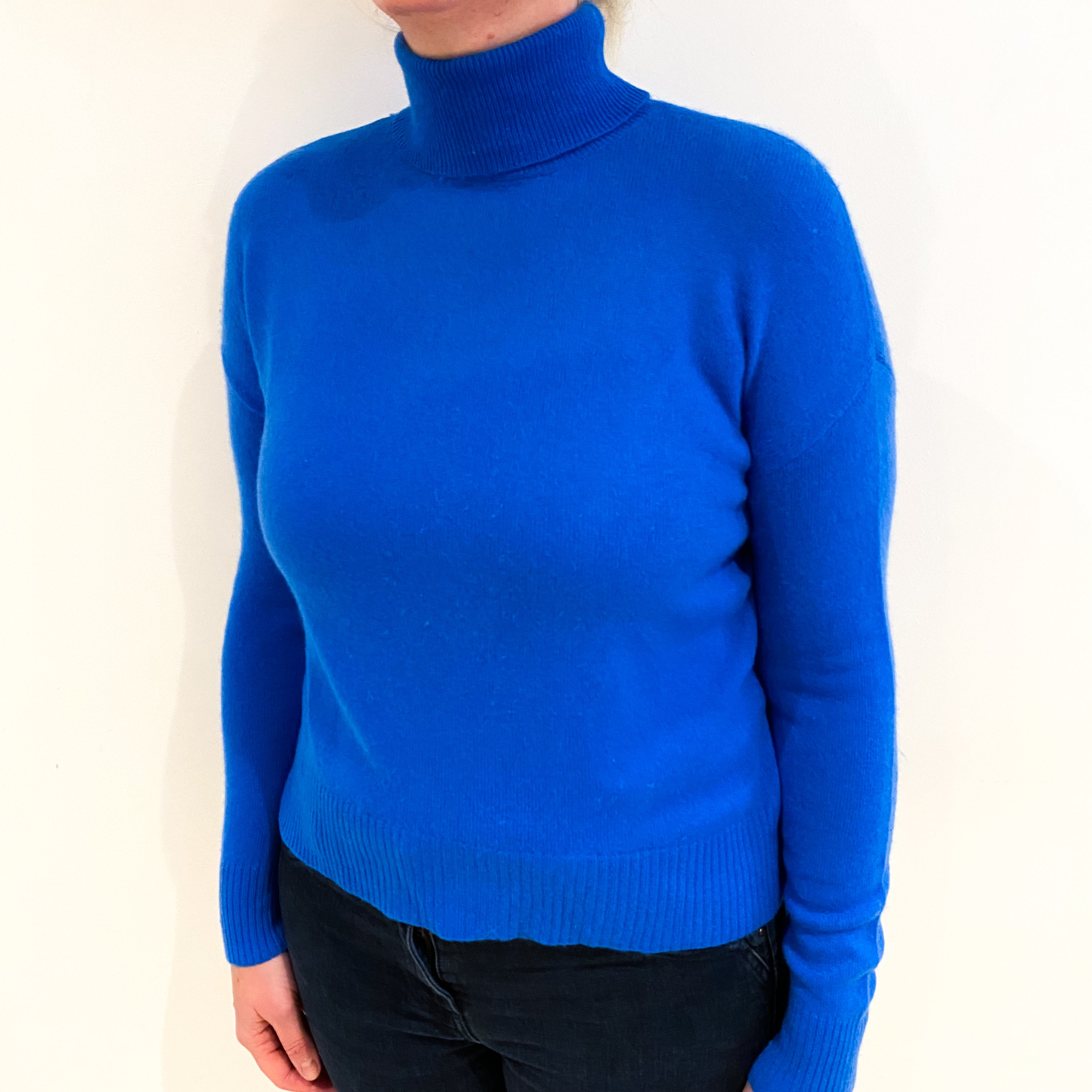 Azure Blue Cashmere Polo Neck Jumper Large