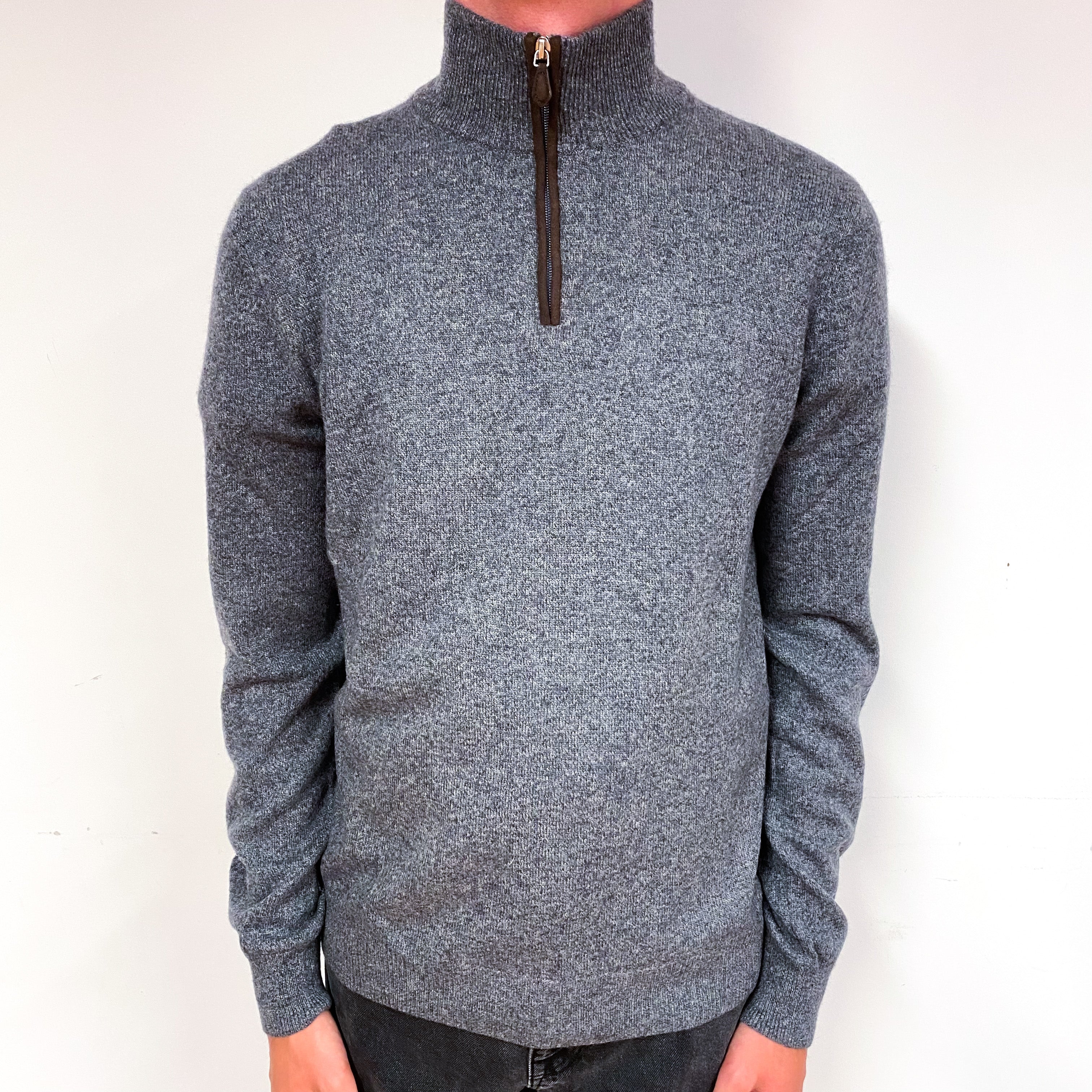 Men's Slate Grey Marl Cashmere 1/4 Zip Jumper Small