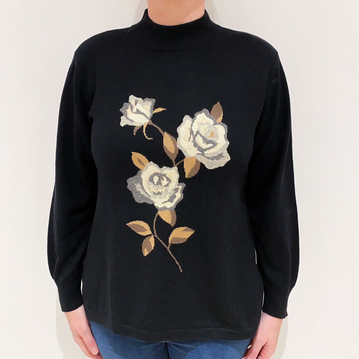 Black and Brown Floral Cashmere Turtle Neck Jumper Large