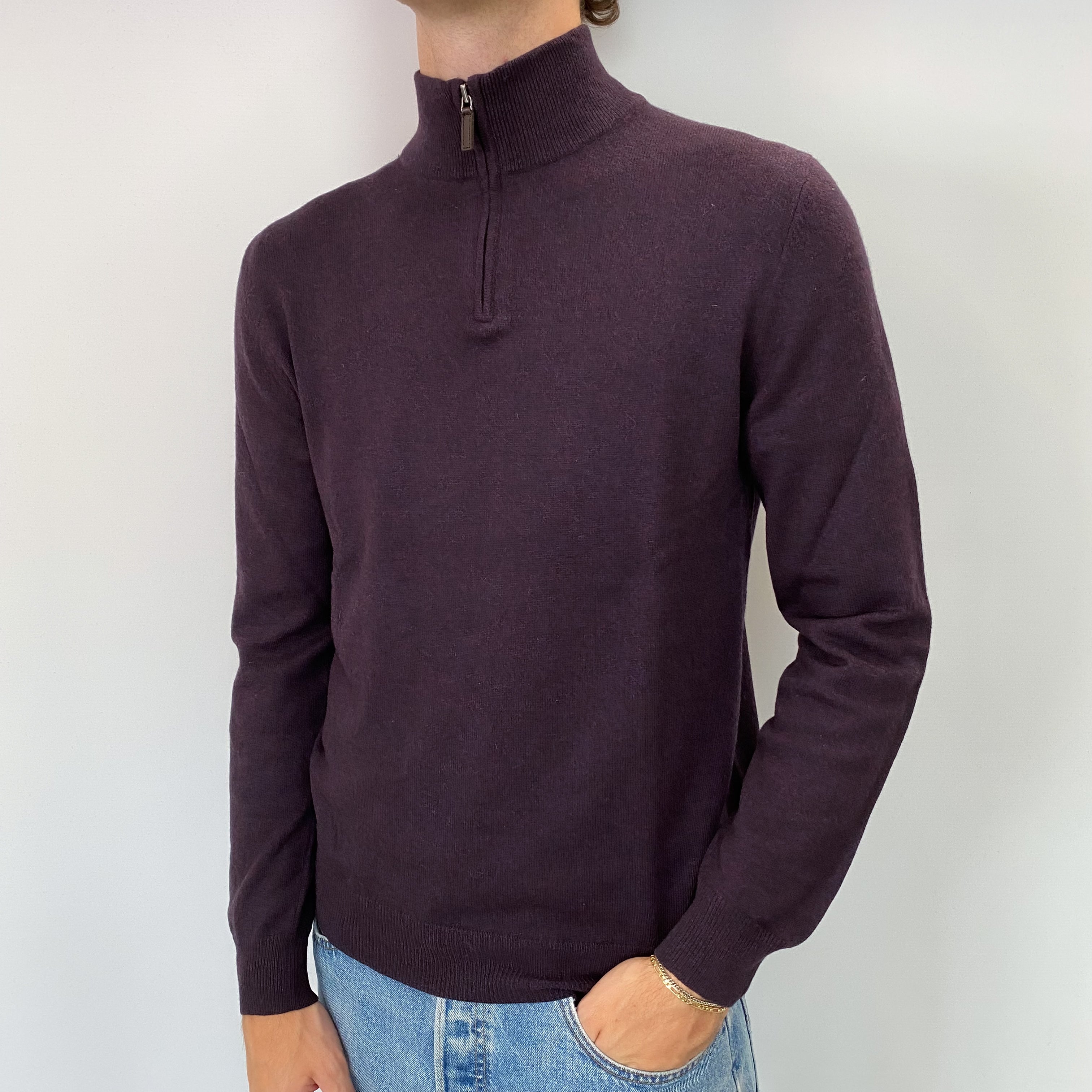 Men's Grape Purple Cashmere Quarter Zip Jumper Medium