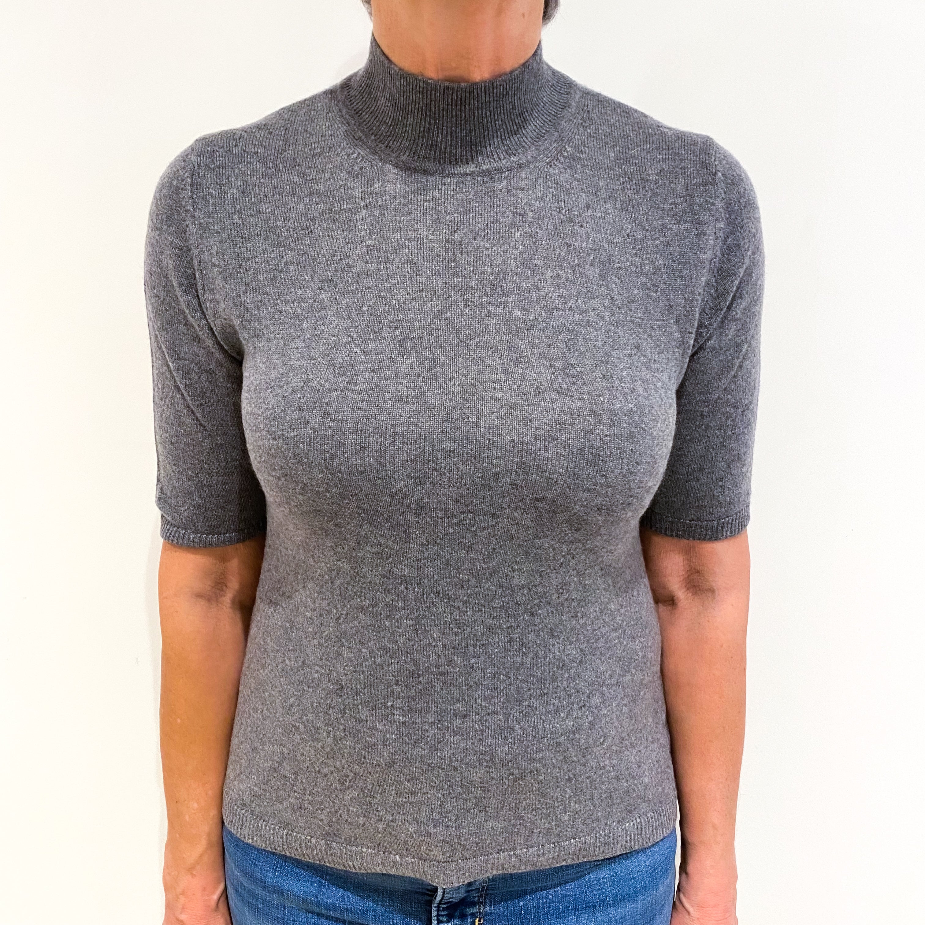 Smoke Grey Cashmere Turtle Neck Short Sleeved Jumper Medium