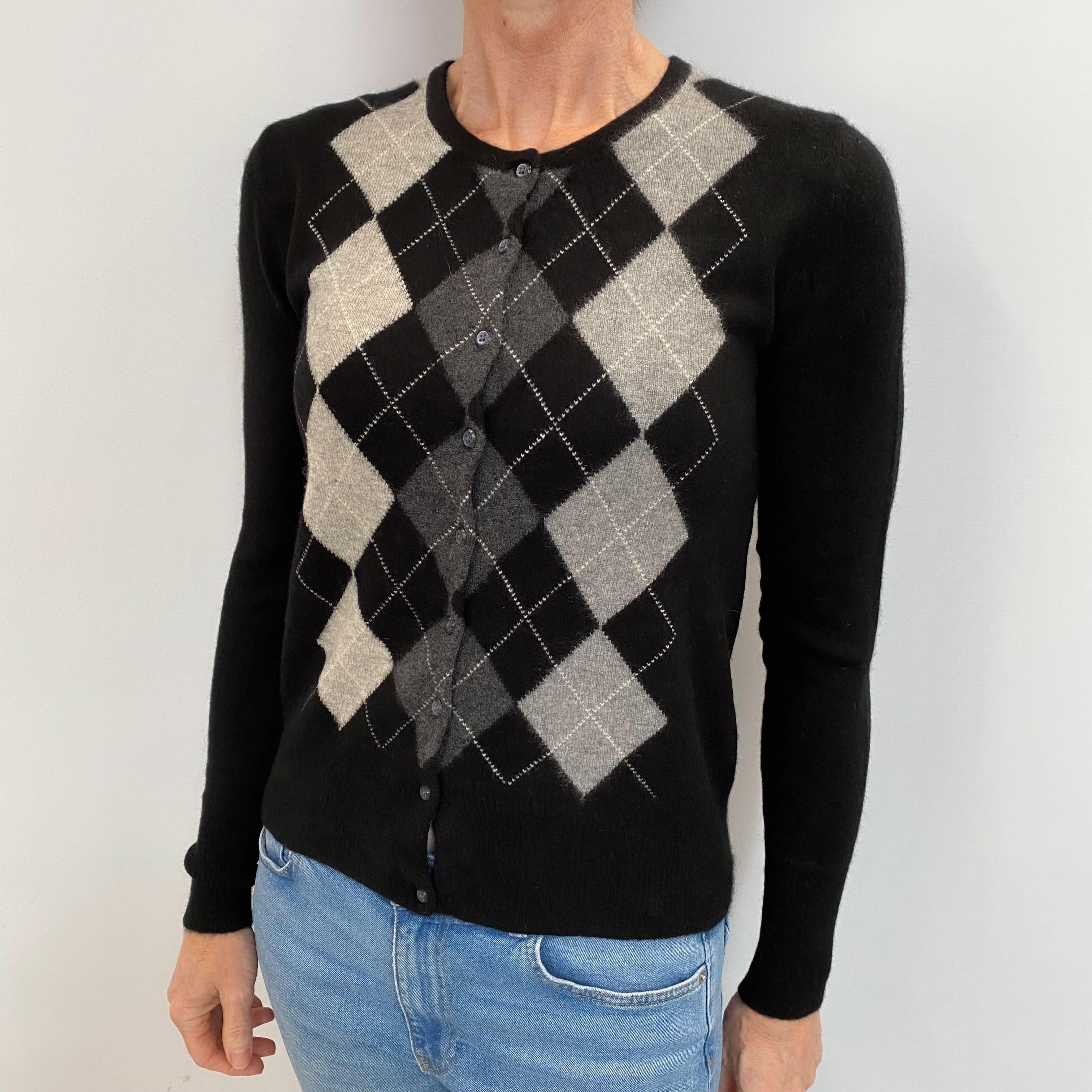 Black Argyle Cashmere Crew Neck Cardigan Small