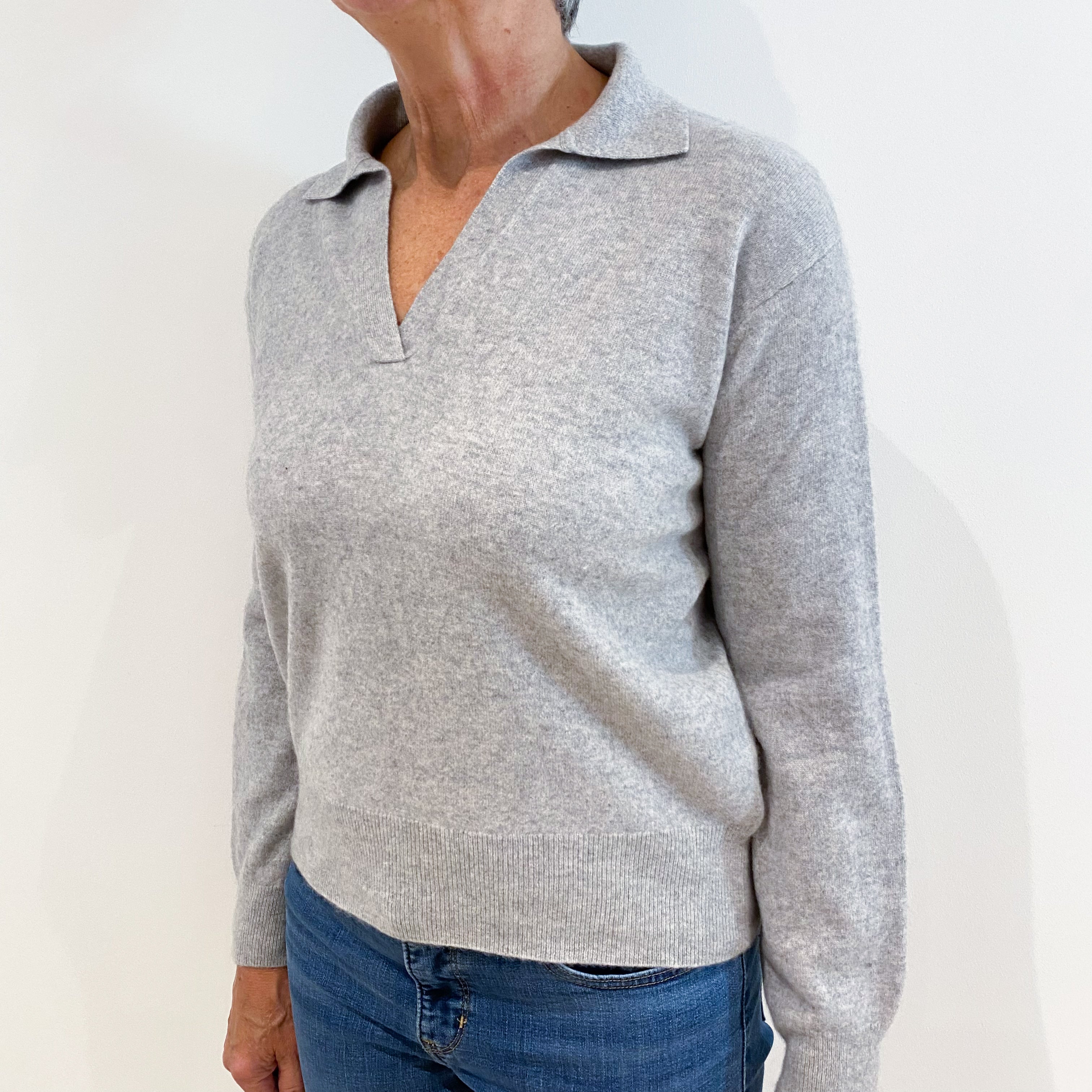 Silver Grey Collared Cashmere V-Neck Jumper Medium Dr