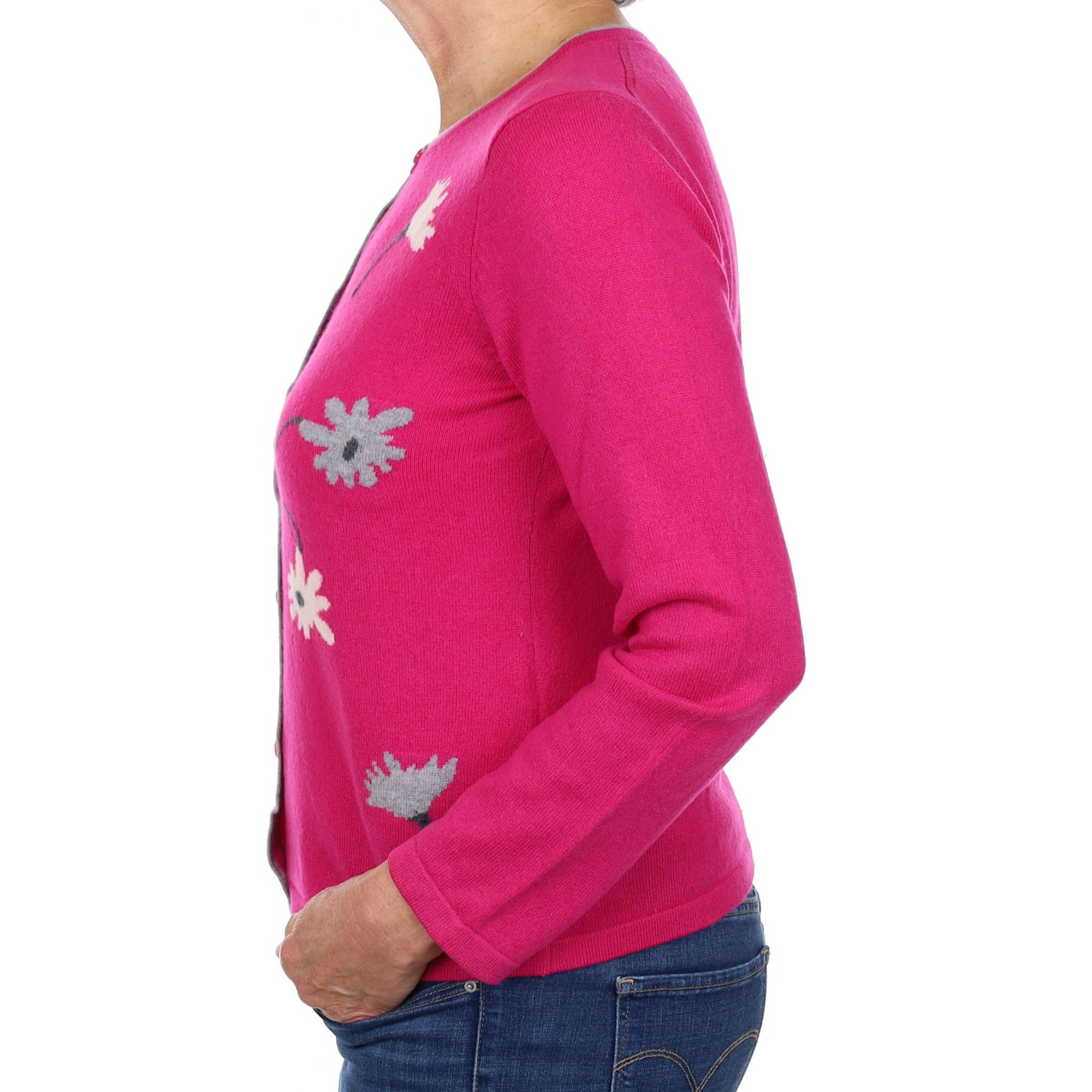 Fuchsia Pink Floral Cashmere Crew Neck Cardigan Medium