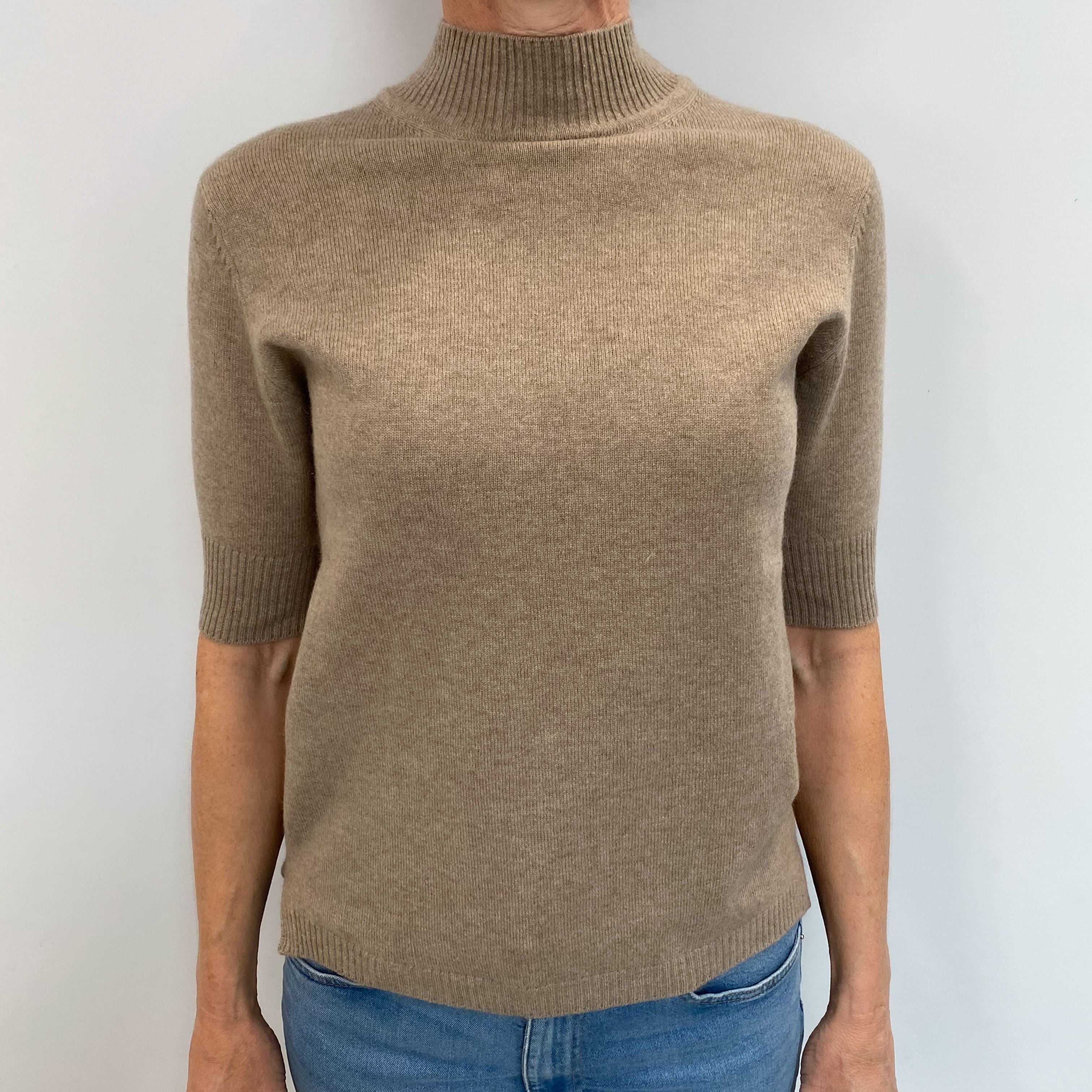 Mink Brown Cashmere Short Sleeved Turtle Neck Jumper Small