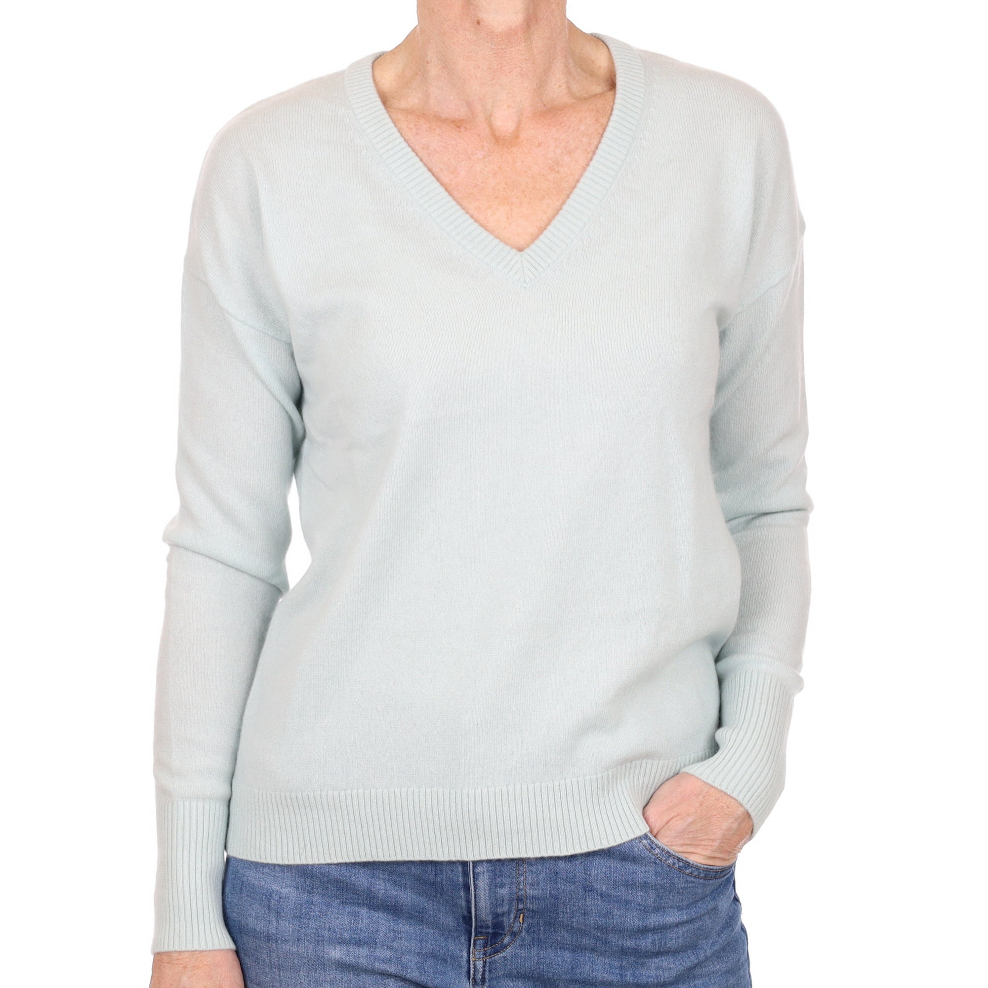 Opal Green Cashmere V Neck Jumper Small