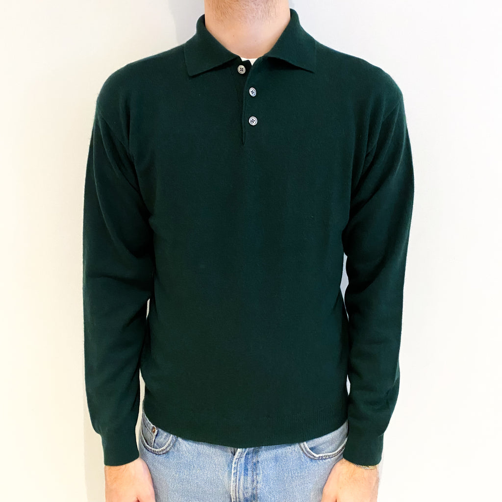 Men's Bottle Green Cashmere 1/4 Button Jumper Medium