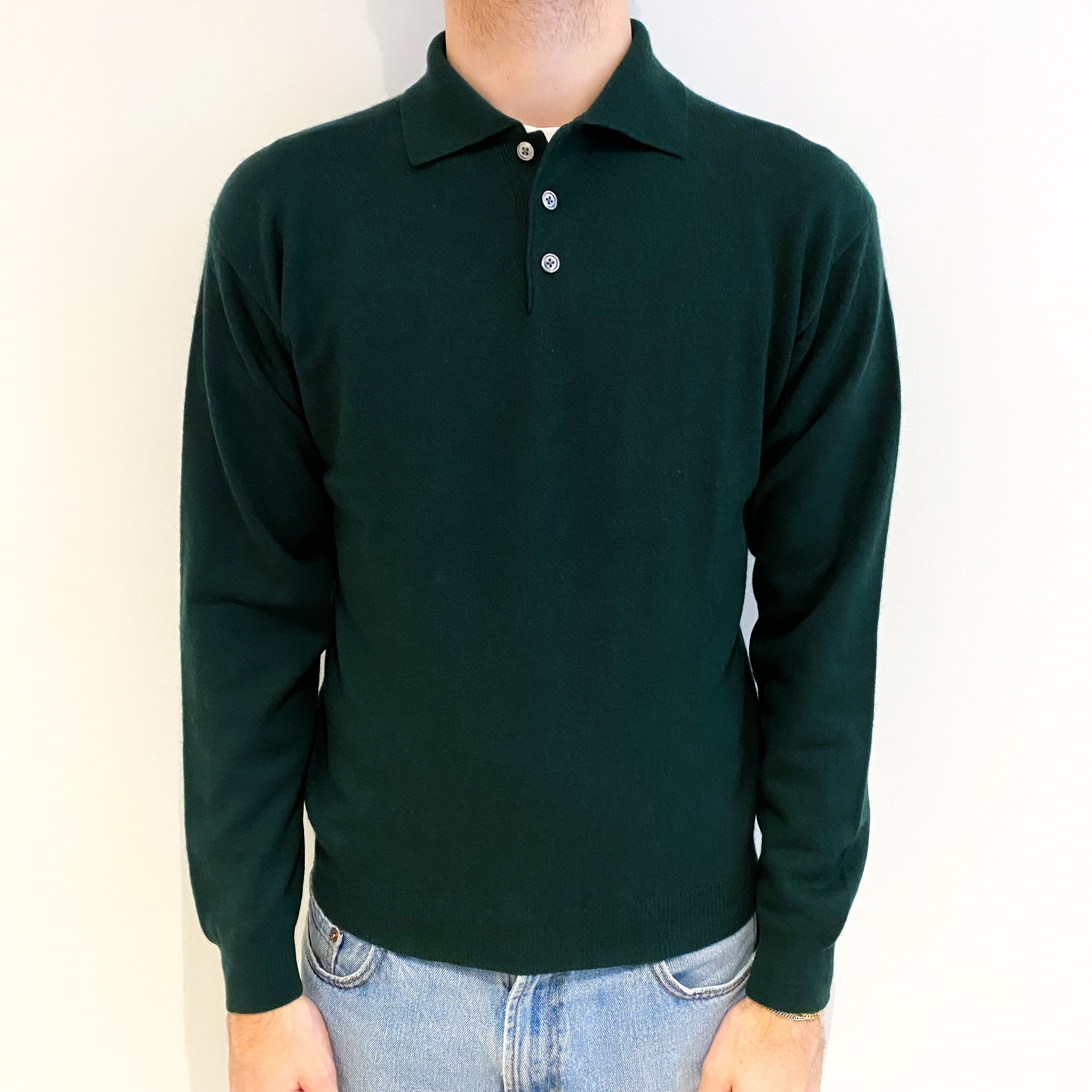 Men's Bottle Green Cashmere 1/4 Button Jumper Medium