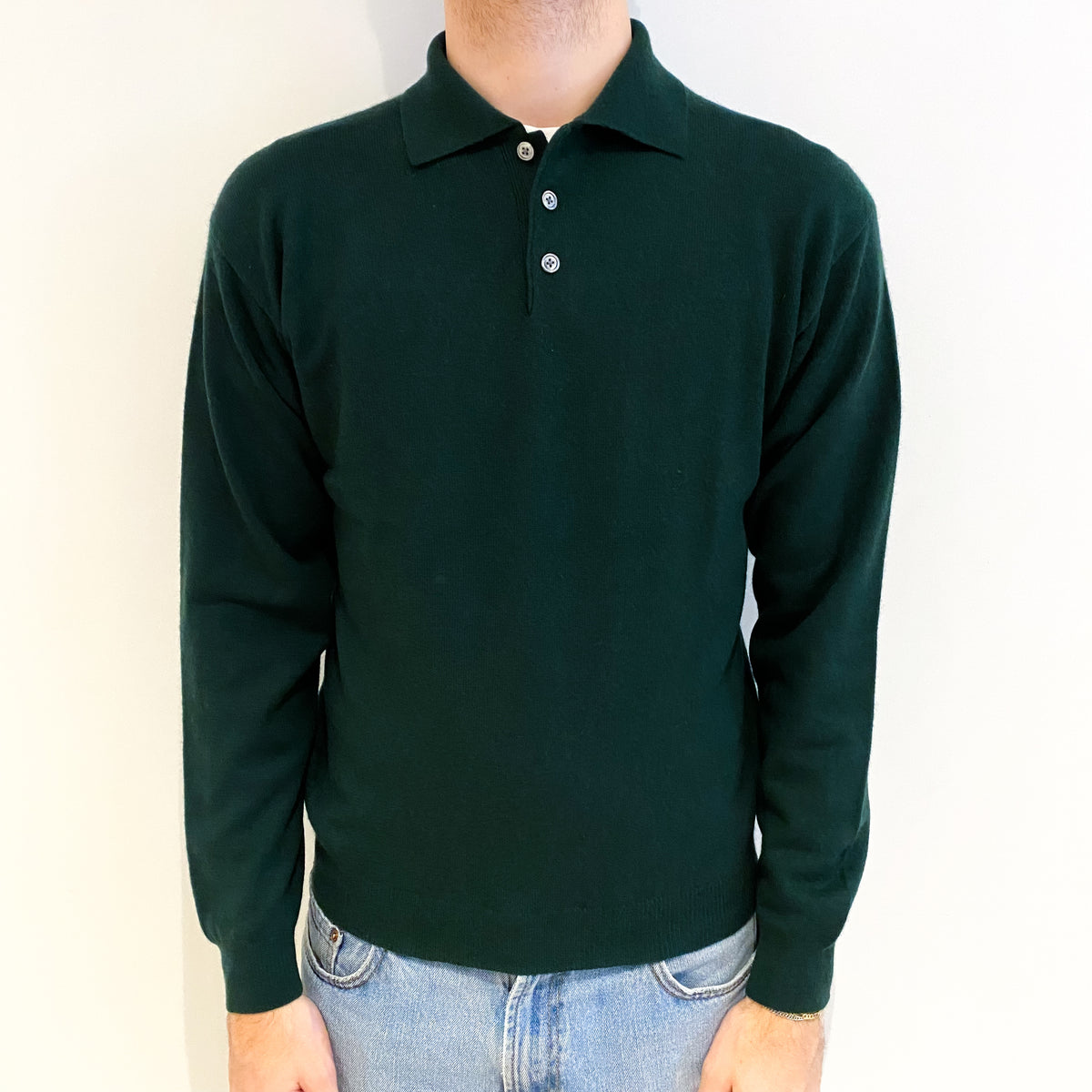 Men's Bottle Green Cashmere 1/4 Button Jumper Medium