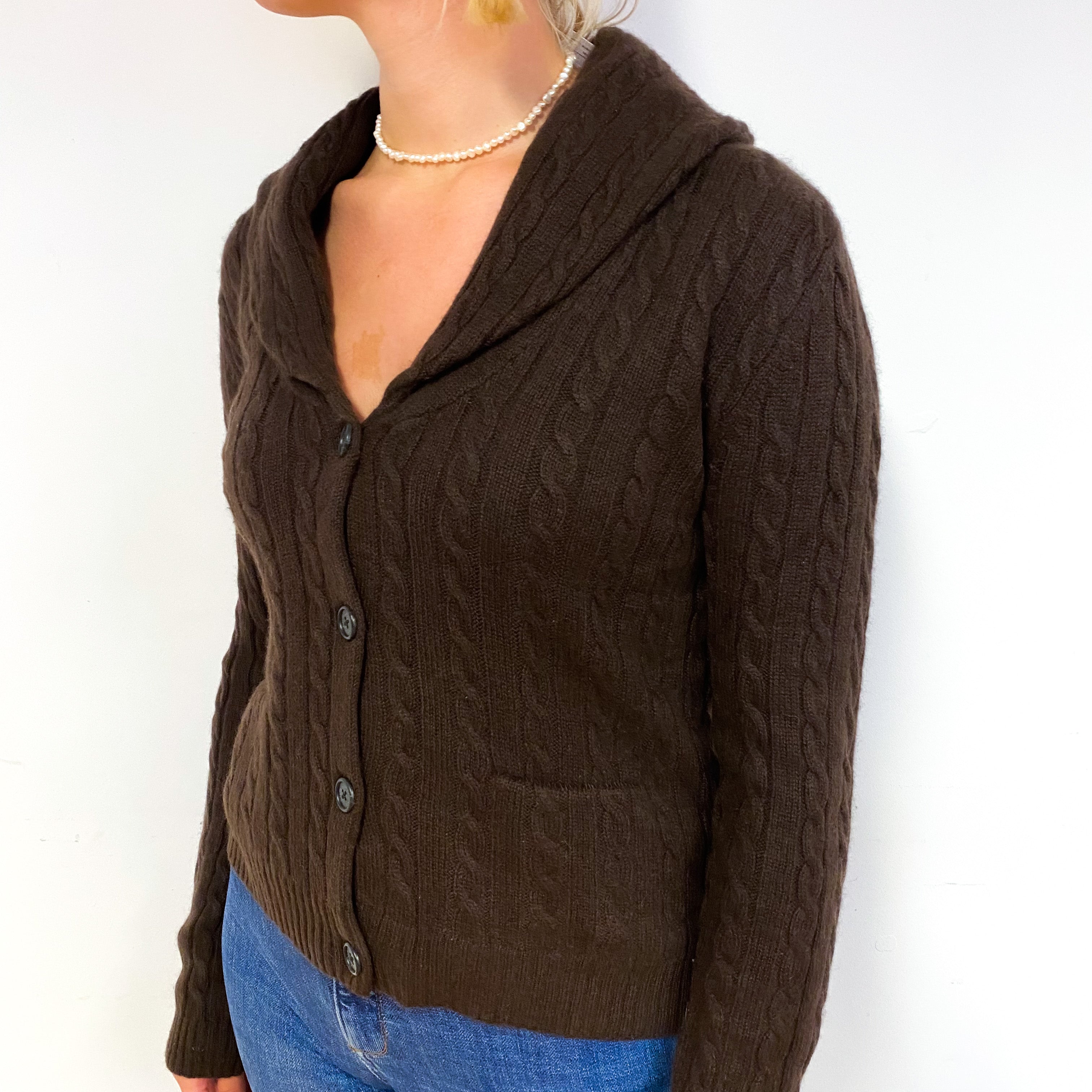 Ralph Lauren Chocolate Brown Cashmere Cable V-Neck Cardigan Small