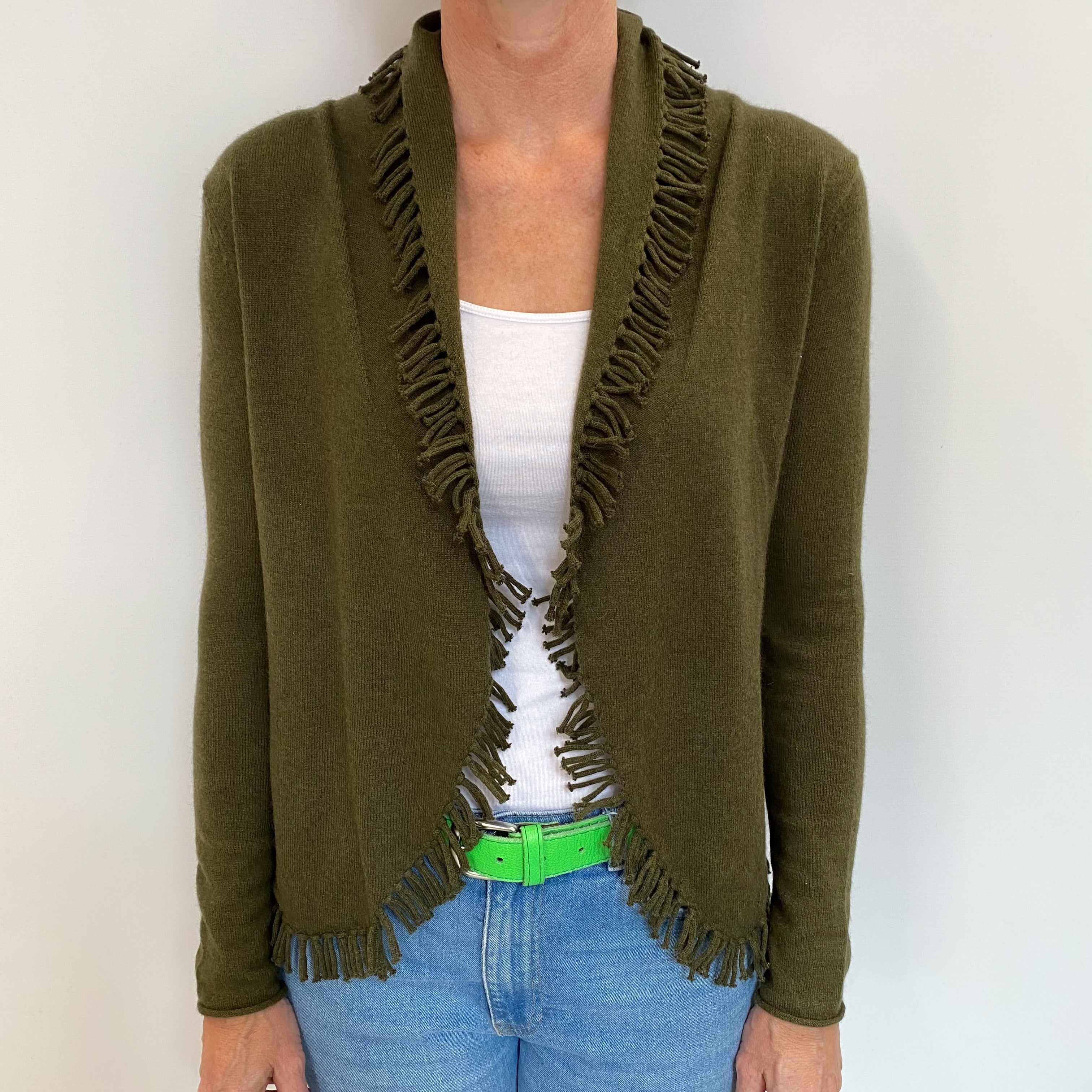 Deep Moss Green Cashmere Edge To Edge Cardigan Small